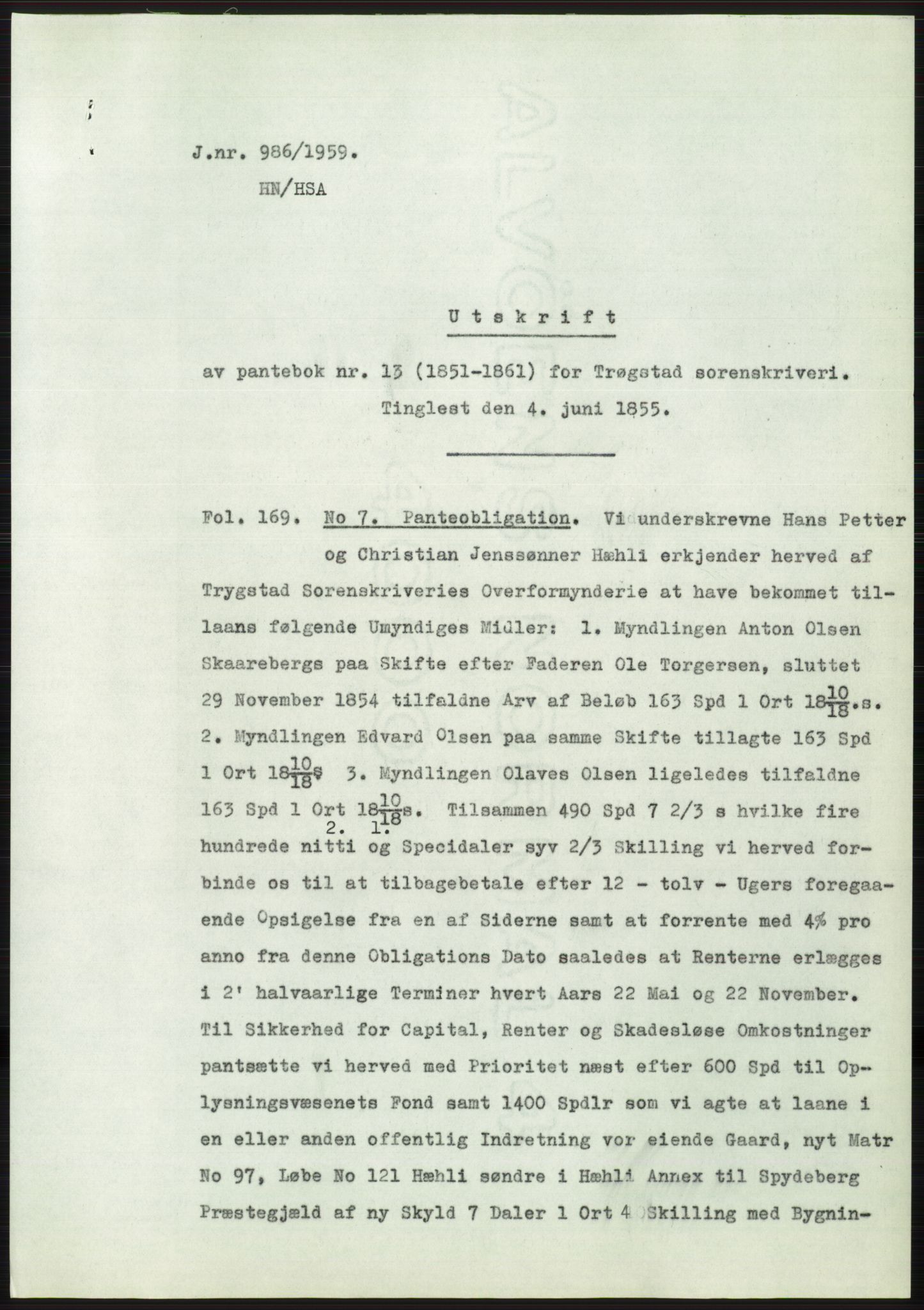 Statsarkivet i Oslo, AV/SAO-A-10621/Z/Zd/L0010: Avskrifter, j.nr 753-1498/1959, 1959, p. 104