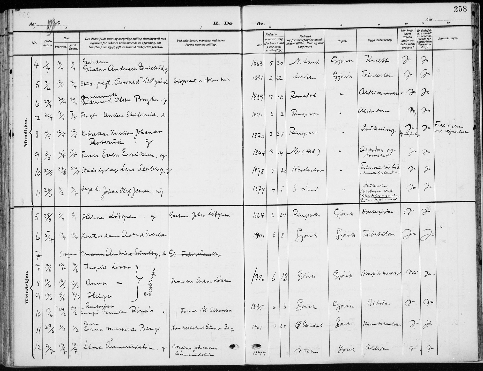 Vardal prestekontor, SAH/PREST-100/H/Ha/Haa/L0014: Parish register (official) no. 14, 1912-1922, p. 258