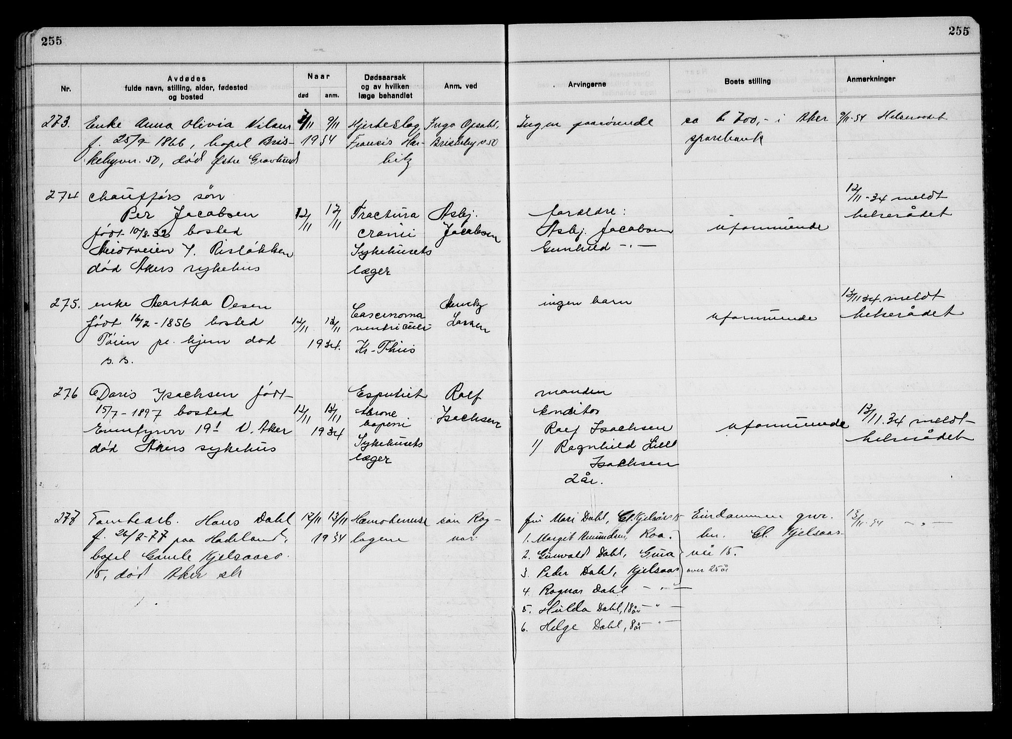 Aker kriminaldommer, skifte- og auksjonsforvalterembete, AV/SAO-A-10452/H/Hb/Hba/Hbac/L0003: Dødsfallsprotokoll for Østre Aker, 1931-1935, p. 255