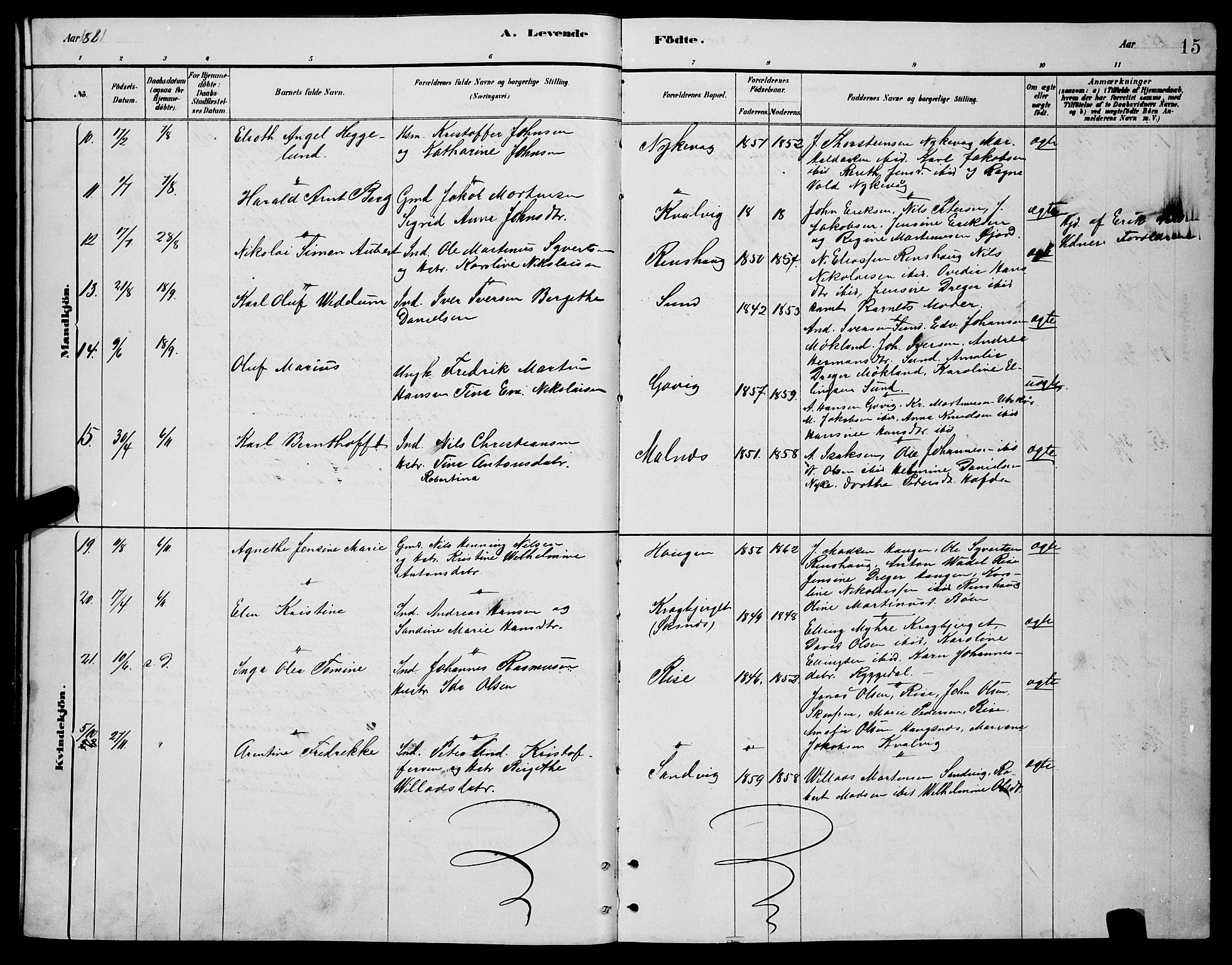 Ministerialprotokoller, klokkerbøker og fødselsregistre - Nordland, SAT/A-1459/892/L1325: Parish register (copy) no. 892C02, 1878-1896, p. 15