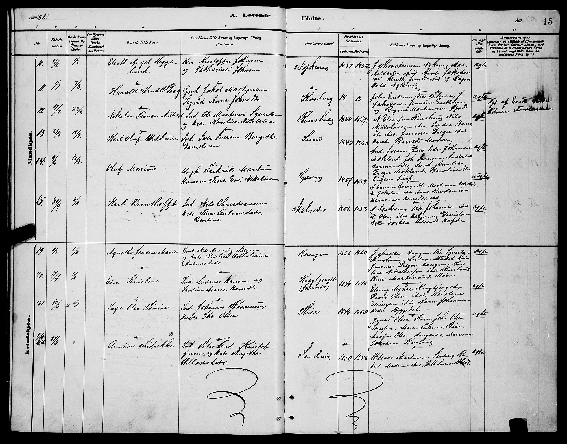 Ministerialprotokoller, klokkerbøker og fødselsregistre - Nordland, AV/SAT-A-1459/892/L1325: Parish register (copy) no. 892C02, 1878-1896, p. 15