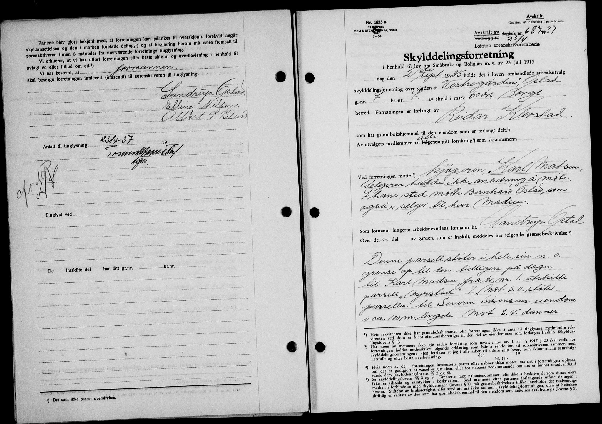 Lofoten sorenskriveri, SAT/A-0017/1/2/2C/L0002a: Mortgage book no. 2a, 1937-1937, Diary no: : 687/1937