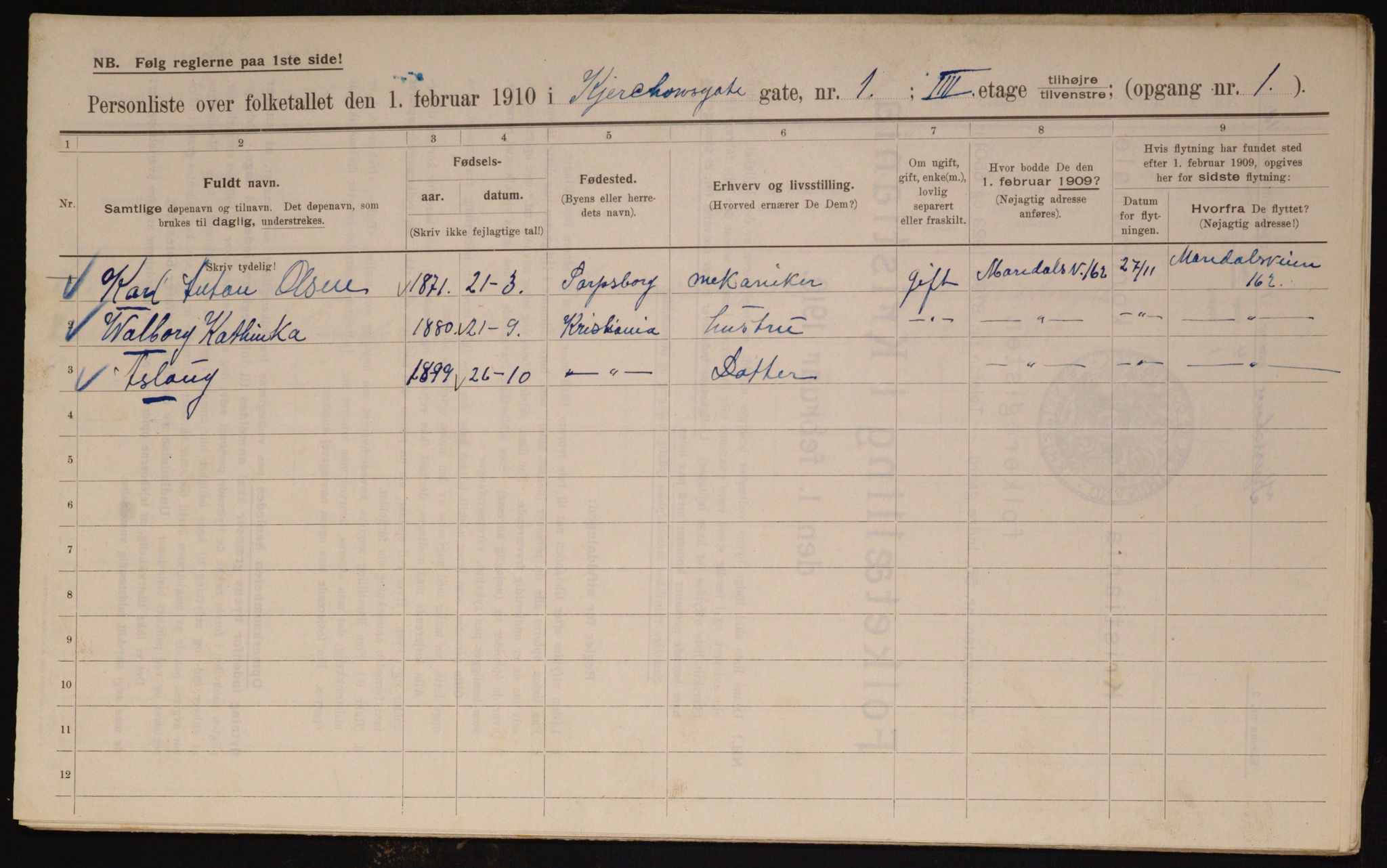 OBA, Municipal Census 1910 for Kristiania, 1910, p. 47853