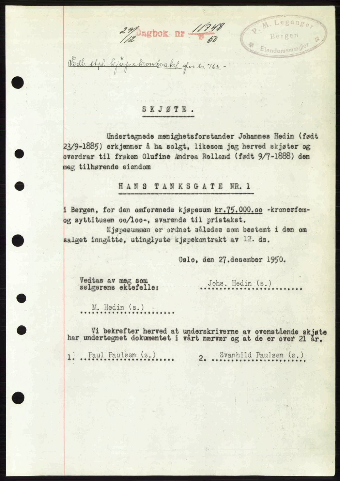 Byfogd og Byskriver i Bergen, SAB/A-3401/03/03Bc/L0034: Mortgage book no. A27-28, 1950-1950, Diary no: : 11748/1950