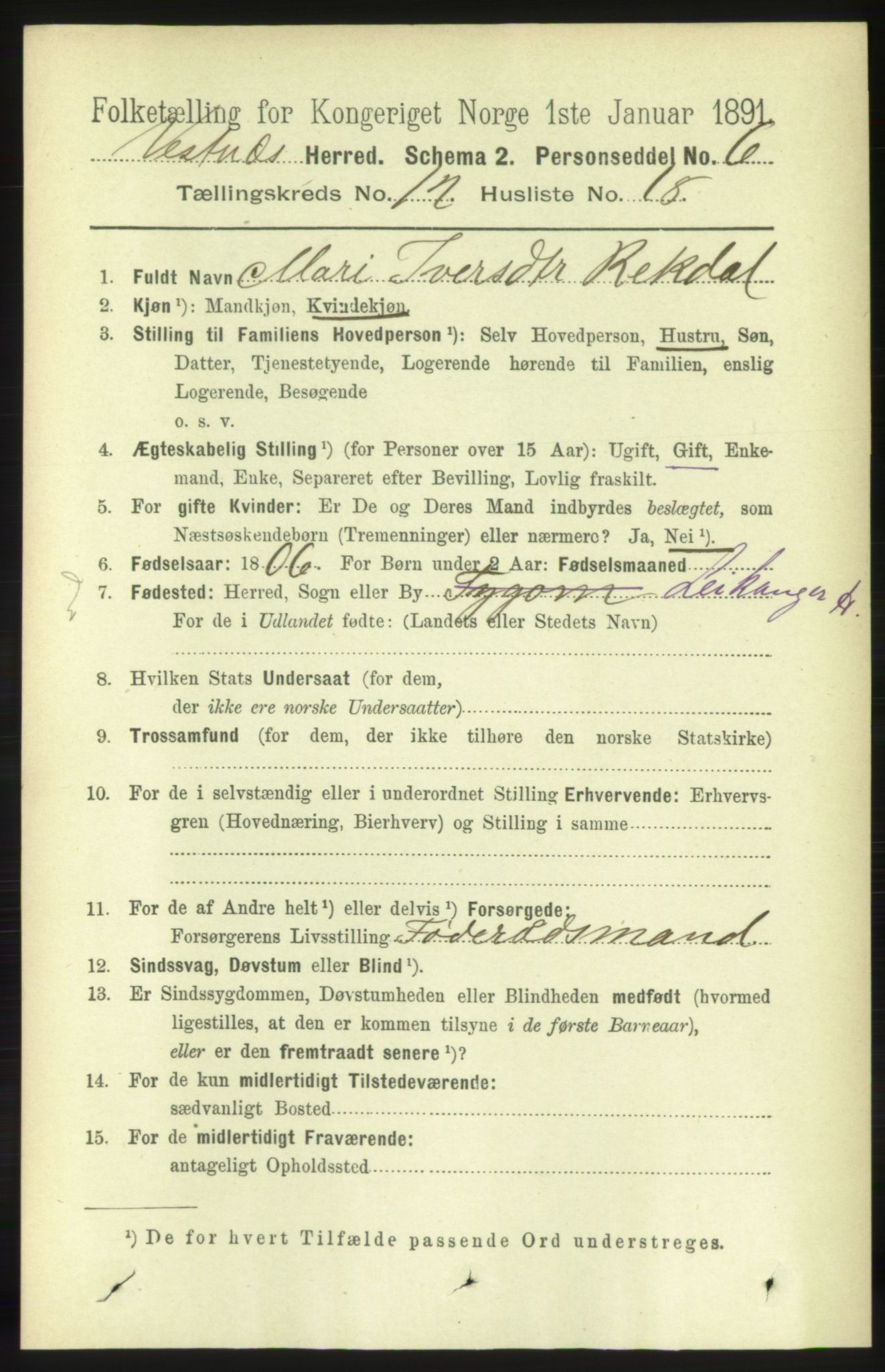 RA, 1891 census for 1535 Vestnes, 1891, p. 4502