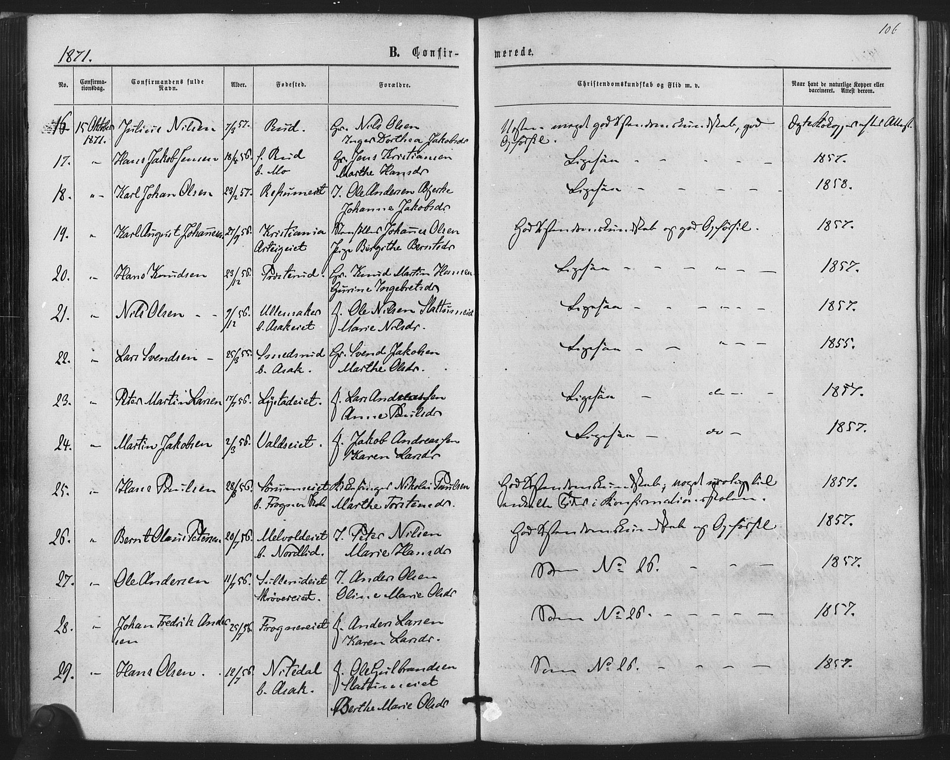 Sørum prestekontor Kirkebøker, AV/SAO-A-10303/F/Fa/L0006: Parish register (official) no. I 6, 1864-1877, p. 106