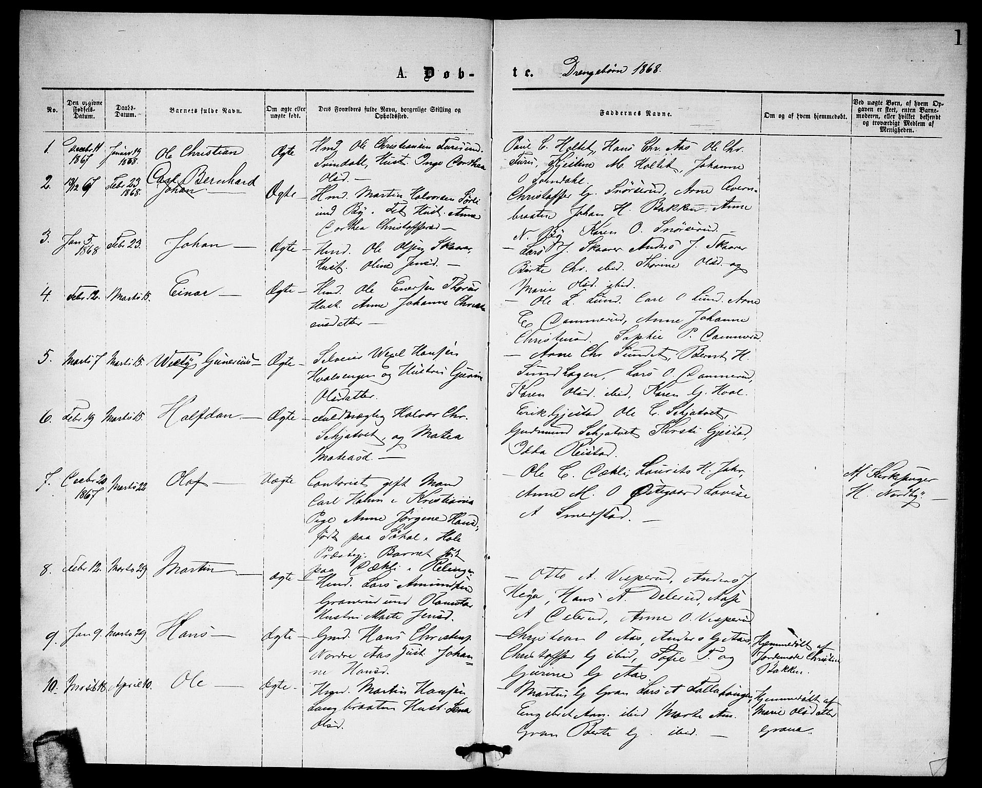 Fet prestekontor Kirkebøker, SAO/A-10370a/G/Ga/L0004: Parish register (copy) no. I 4, 1868-1874, p. 1