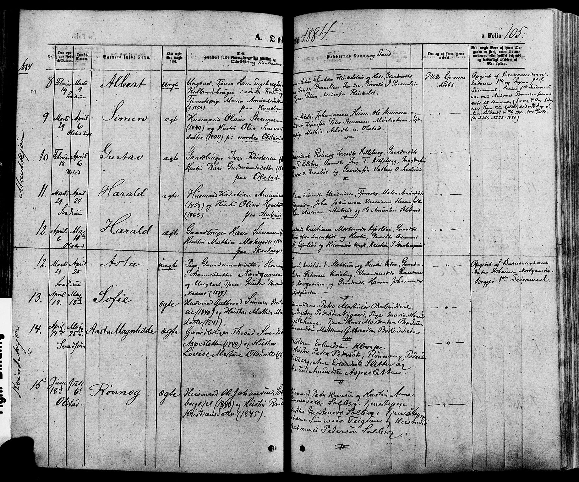 Gausdal prestekontor, AV/SAH-PREST-090/H/Ha/Haa/L0010: Parish register (official) no. 10, 1867-1886, p. 105