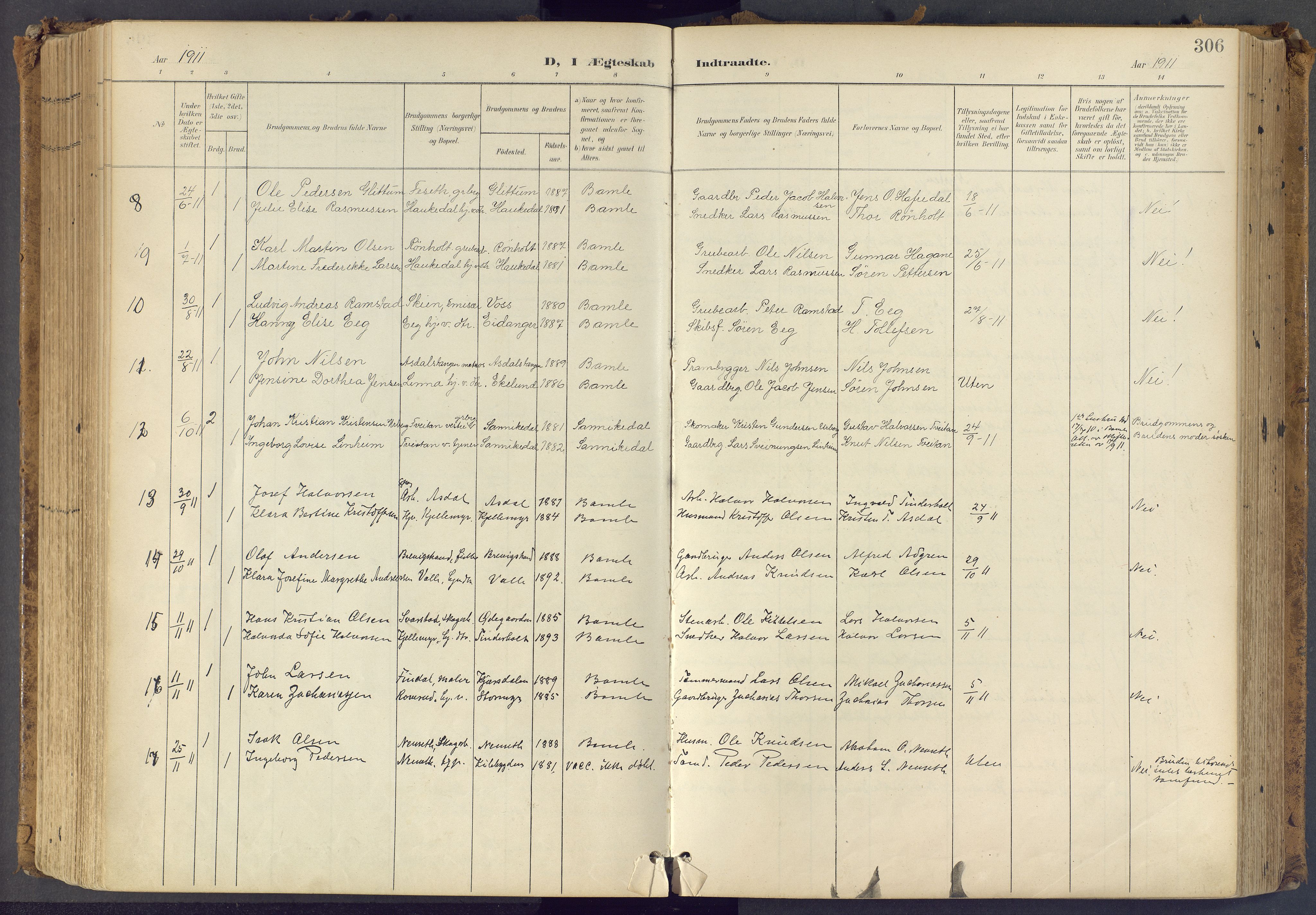 Bamble kirkebøker, SAKO/A-253/F/Fa/L0009: Parish register (official) no. I 9, 1901-1917, p. 306