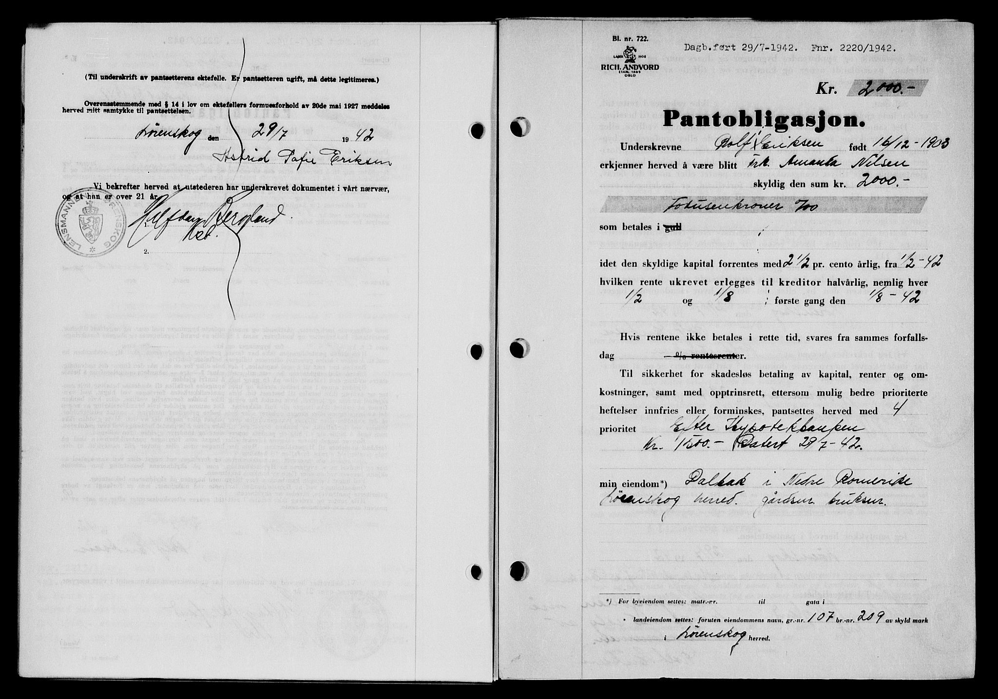 Nedre Romerike sorenskriveri, AV/SAO-A-10469/G/Gb/Gbc/L0008: Mortgage book no. B8, 1942-1942, Diary no: : 2220/1942