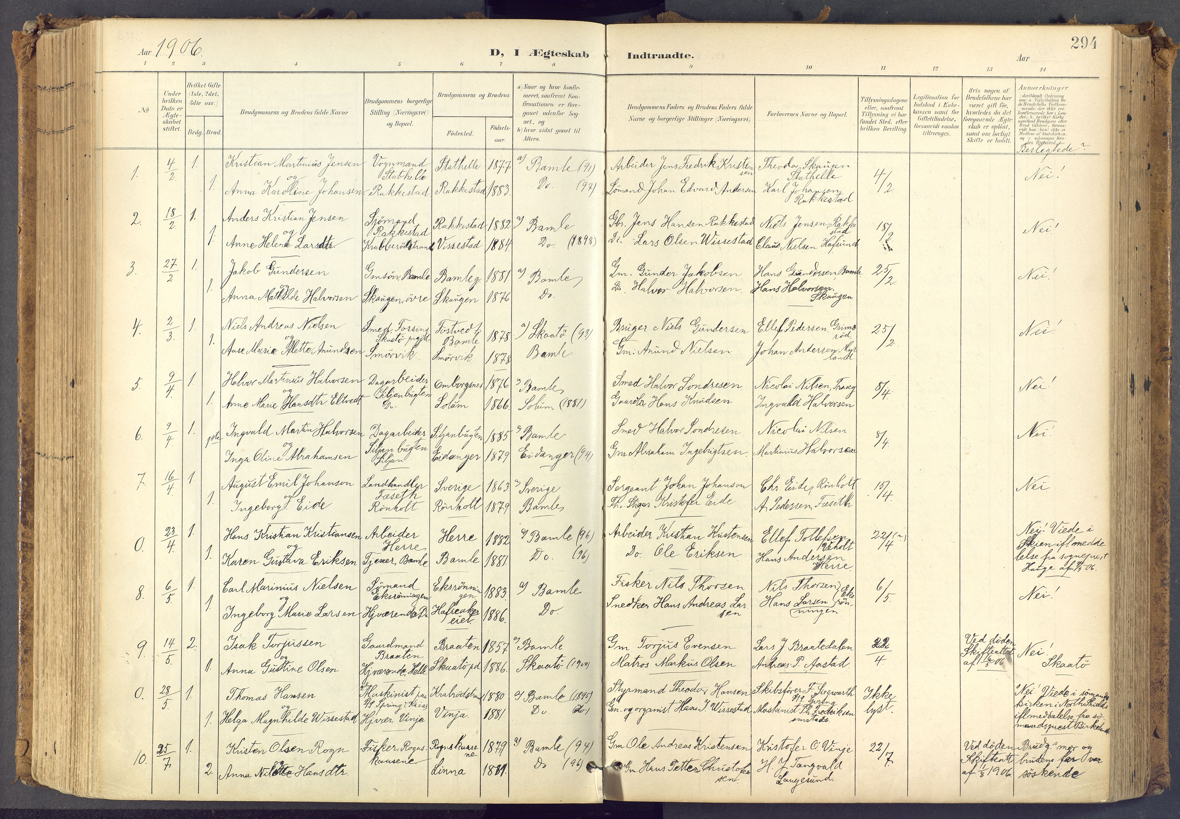 Bamble kirkebøker, SAKO/A-253/F/Fa/L0009: Parish register (official) no. I 9, 1901-1917, p. 294