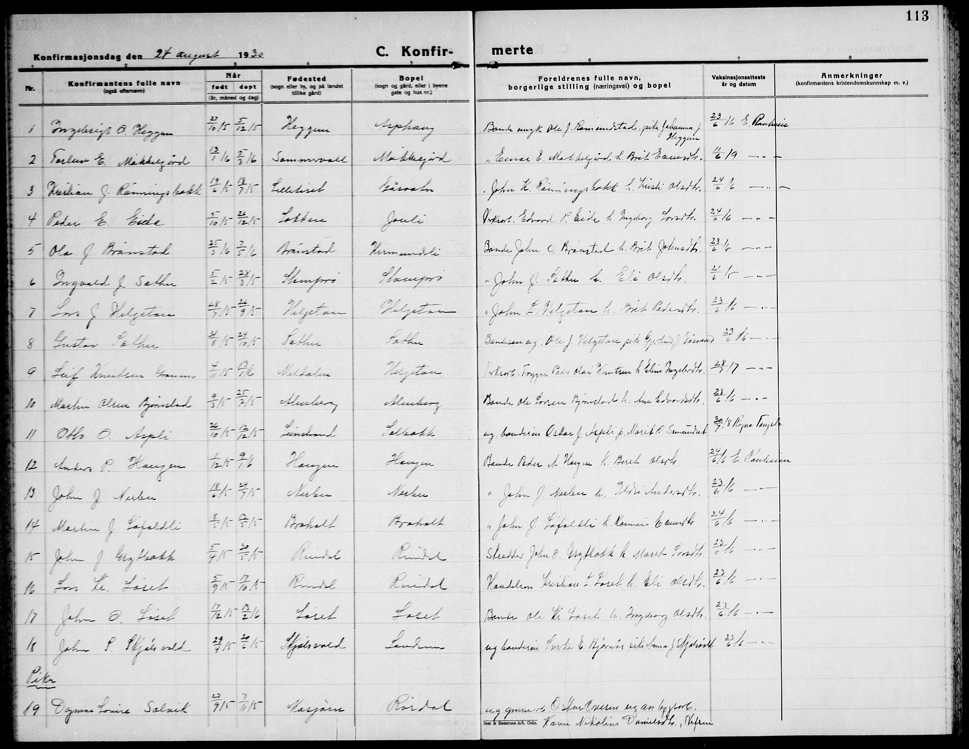 Ministerialprotokoller, klokkerbøker og fødselsregistre - Møre og Romsdal, AV/SAT-A-1454/598/L1080: Parish register (copy) no. 598C05, 1927-1944, p. 113