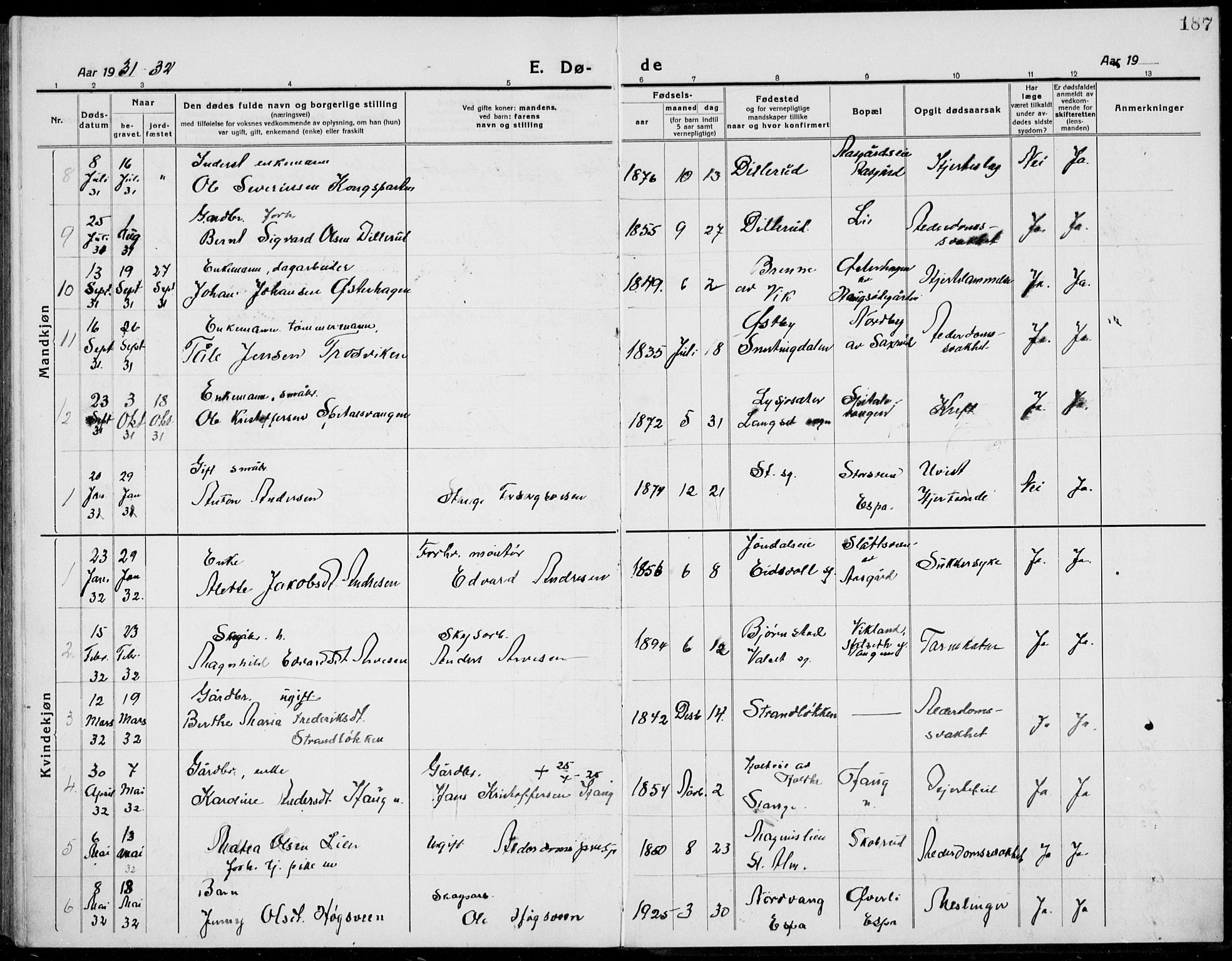 Stange prestekontor, AV/SAH-PREST-002/L/L0017: Parish register (copy) no. 17, 1918-1936, p. 187