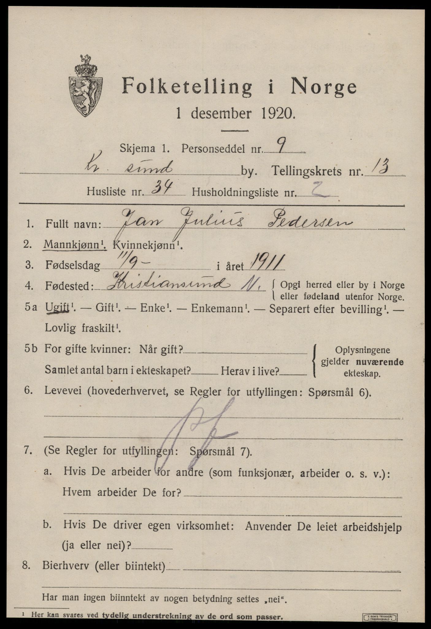 SAT, 1920 census for Kristiansund, 1920, p. 27495