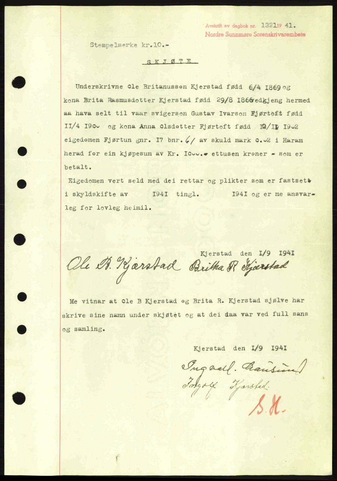 Nordre Sunnmøre sorenskriveri, AV/SAT-A-0006/1/2/2C/2Ca: Mortgage book no. A11, 1941-1941, Diary no: : 1321/1941