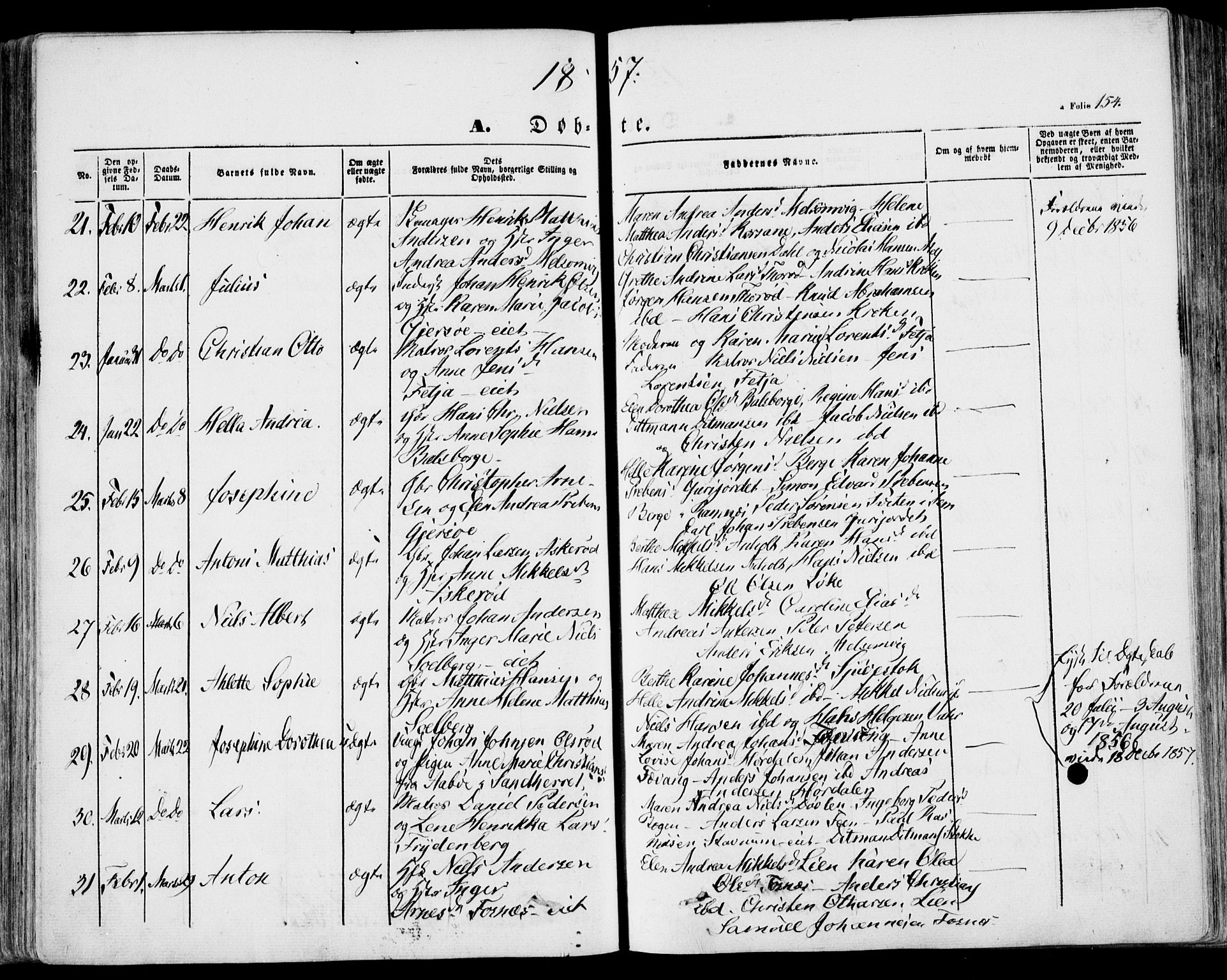 Stokke kirkebøker, AV/SAKO-A-320/F/Fa/L0007: Parish register (official) no. I 7, 1844-1857, p. 154