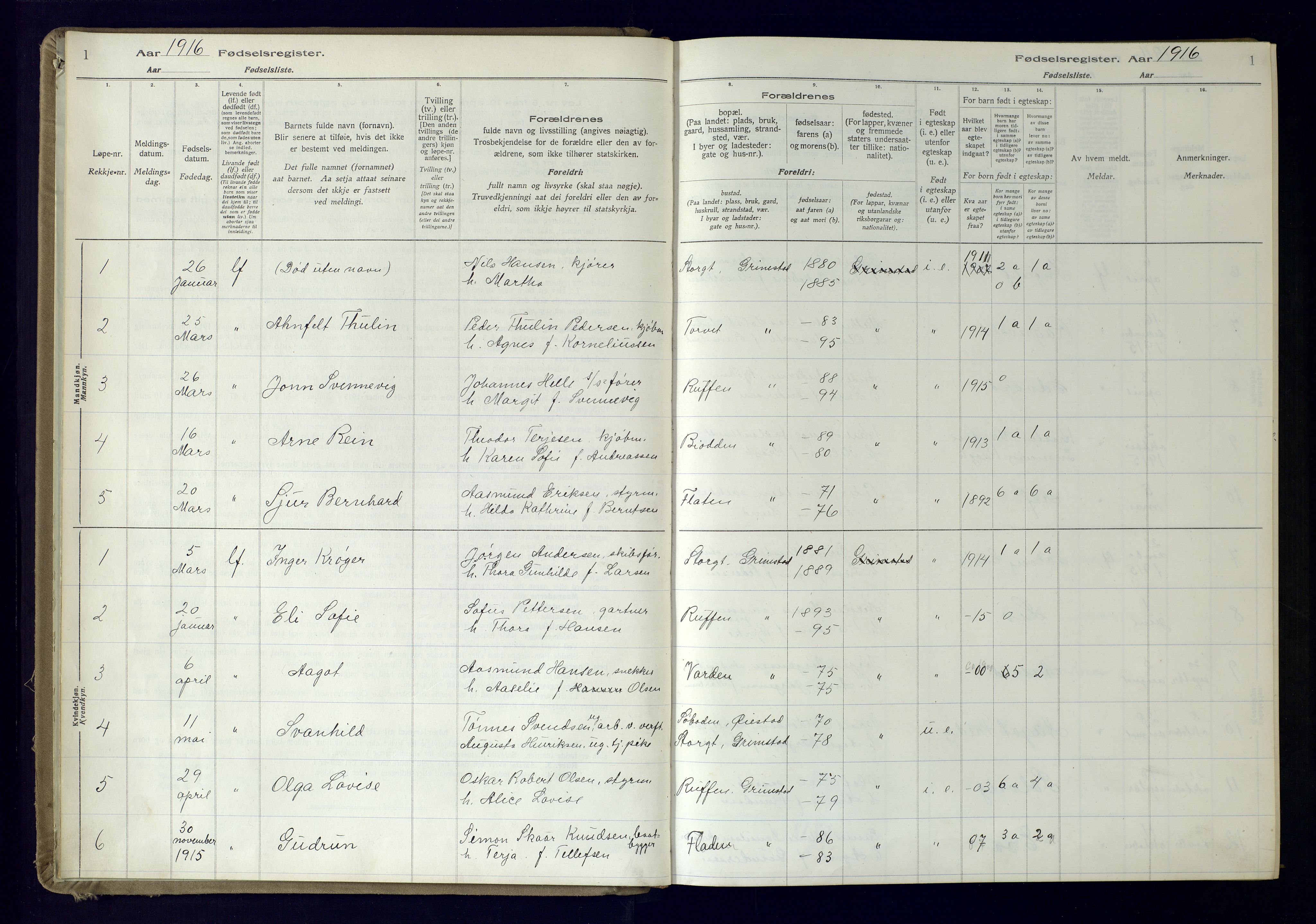 Grimstad sokneprestkontor, SAK/1111-0017/J/Ja/L0001: Birth register no. 1, 1916-1960, p. 1