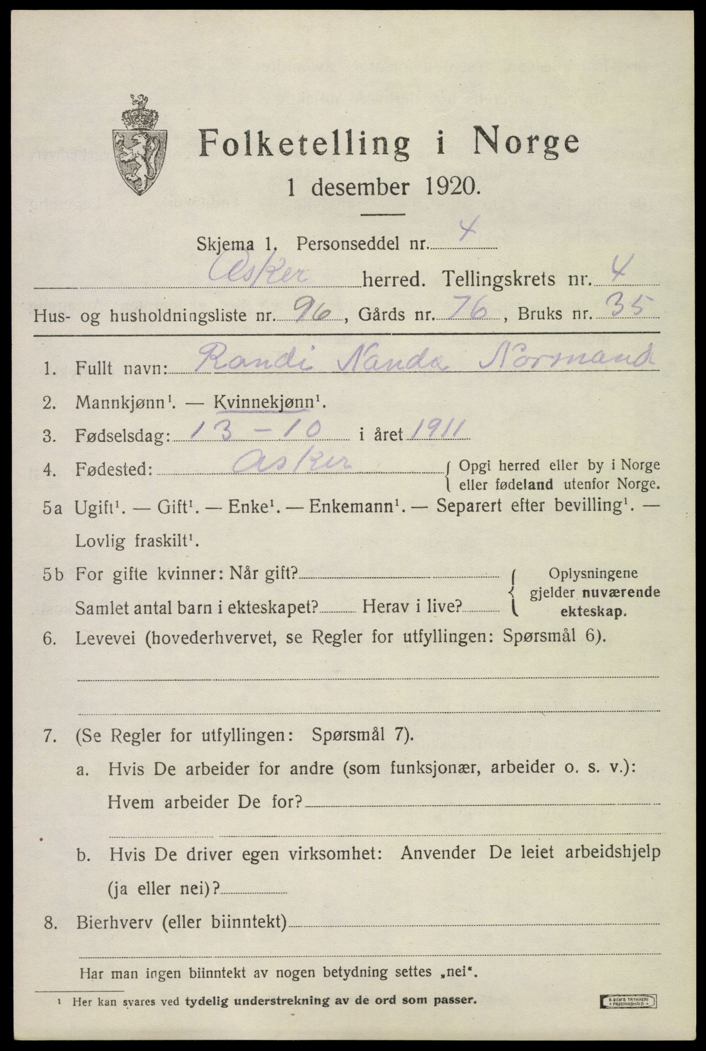 SAO, 1920 census for Asker, 1920, p. 11390