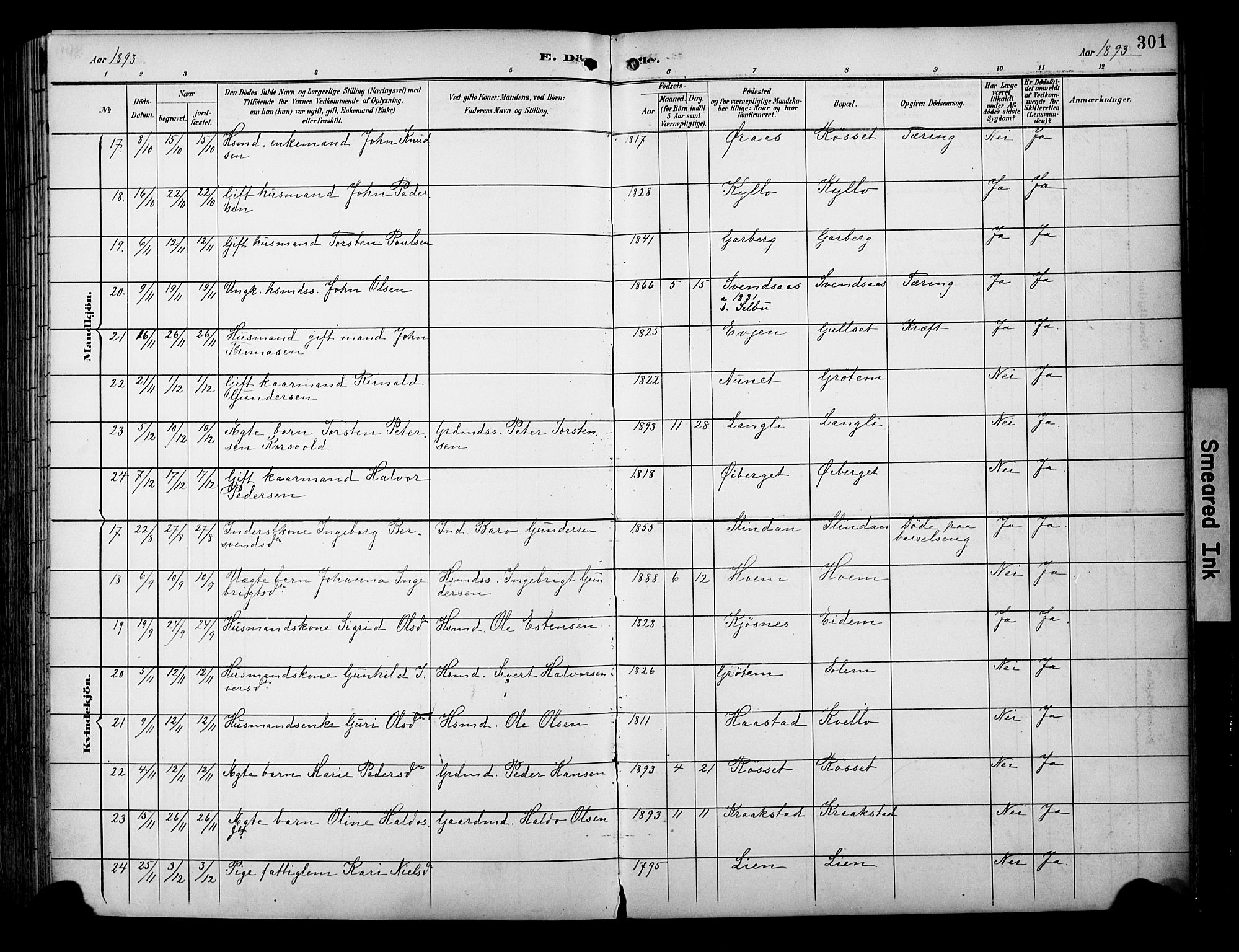 Ministerialprotokoller, klokkerbøker og fødselsregistre - Sør-Trøndelag, AV/SAT-A-1456/695/L1149: Parish register (official) no. 695A09, 1891-1902, p. 301