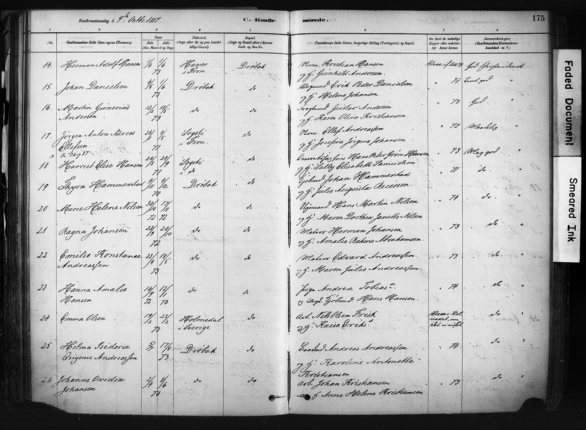 Drøbak prestekontor Kirkebøker, AV/SAO-A-10142a/F/Fb/L0001: Parish register (official) no. II 1, 1878-1891, p. 175