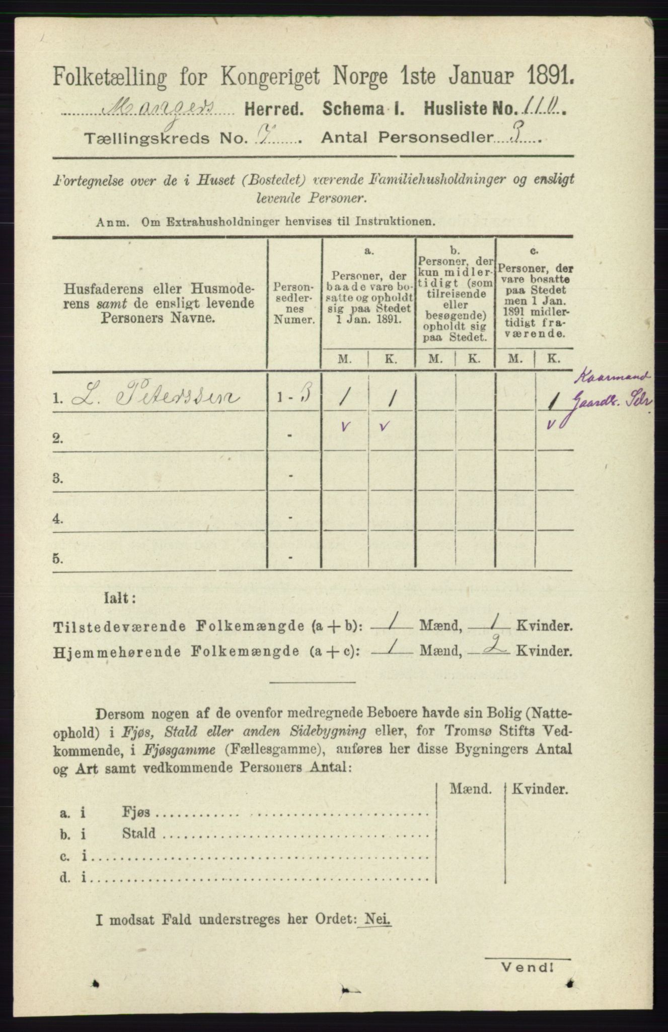 RA, 1891 census for 1261 Manger, 1891, p. 4356