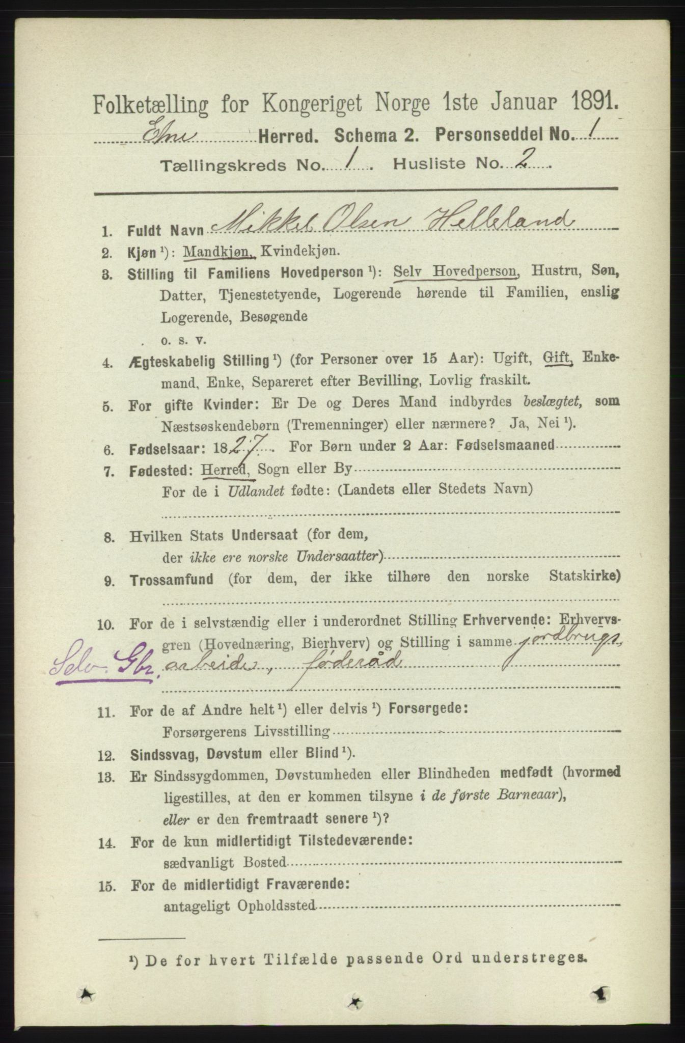 RA, 1891 census for 1211 Etne, 1891, p. 85