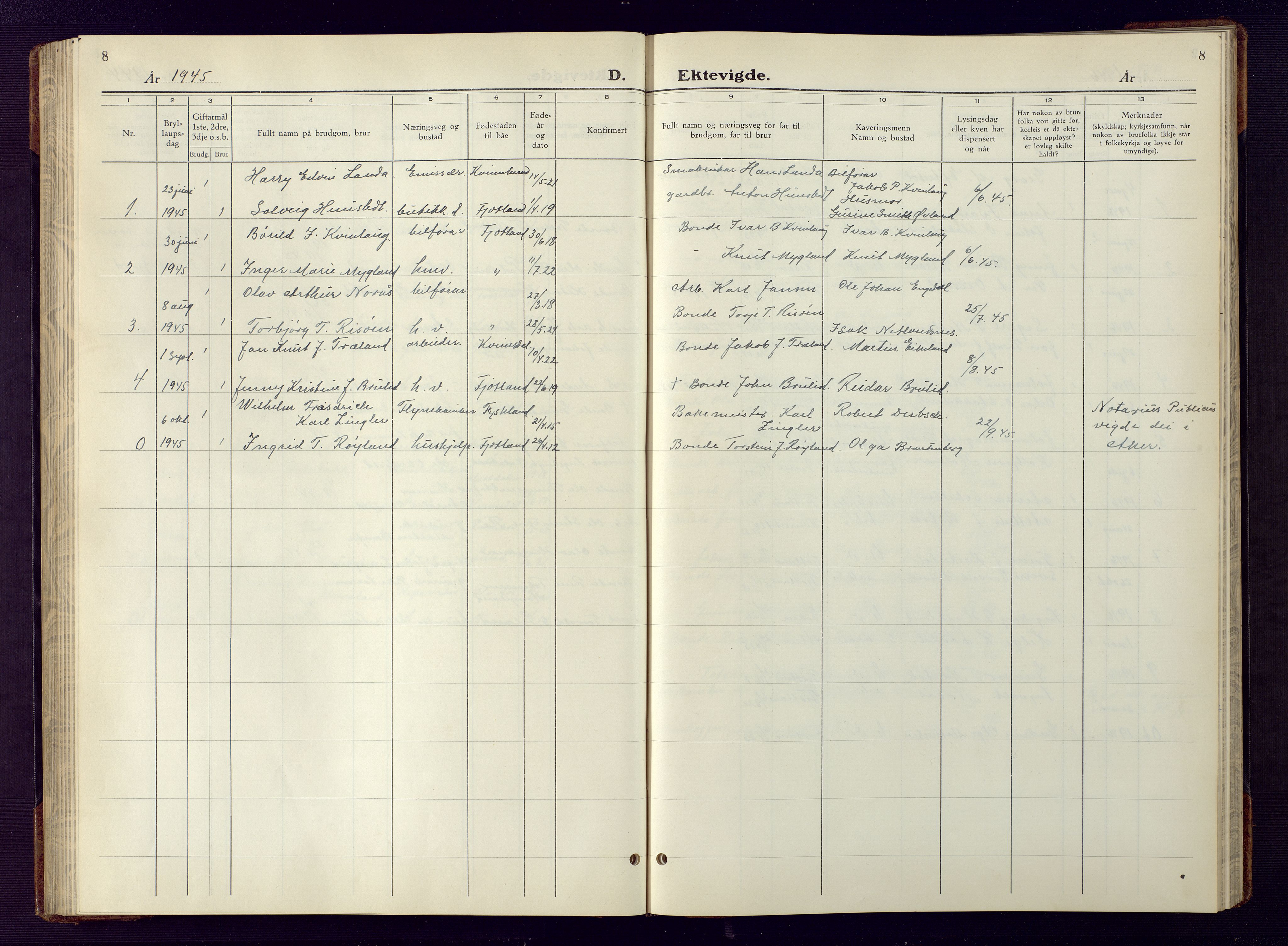 Fjotland sokneprestkontor, SAK/1111-0010/F/Fb/L0005: Parish register (copy) no. B 5, 1941-1949, p. 8