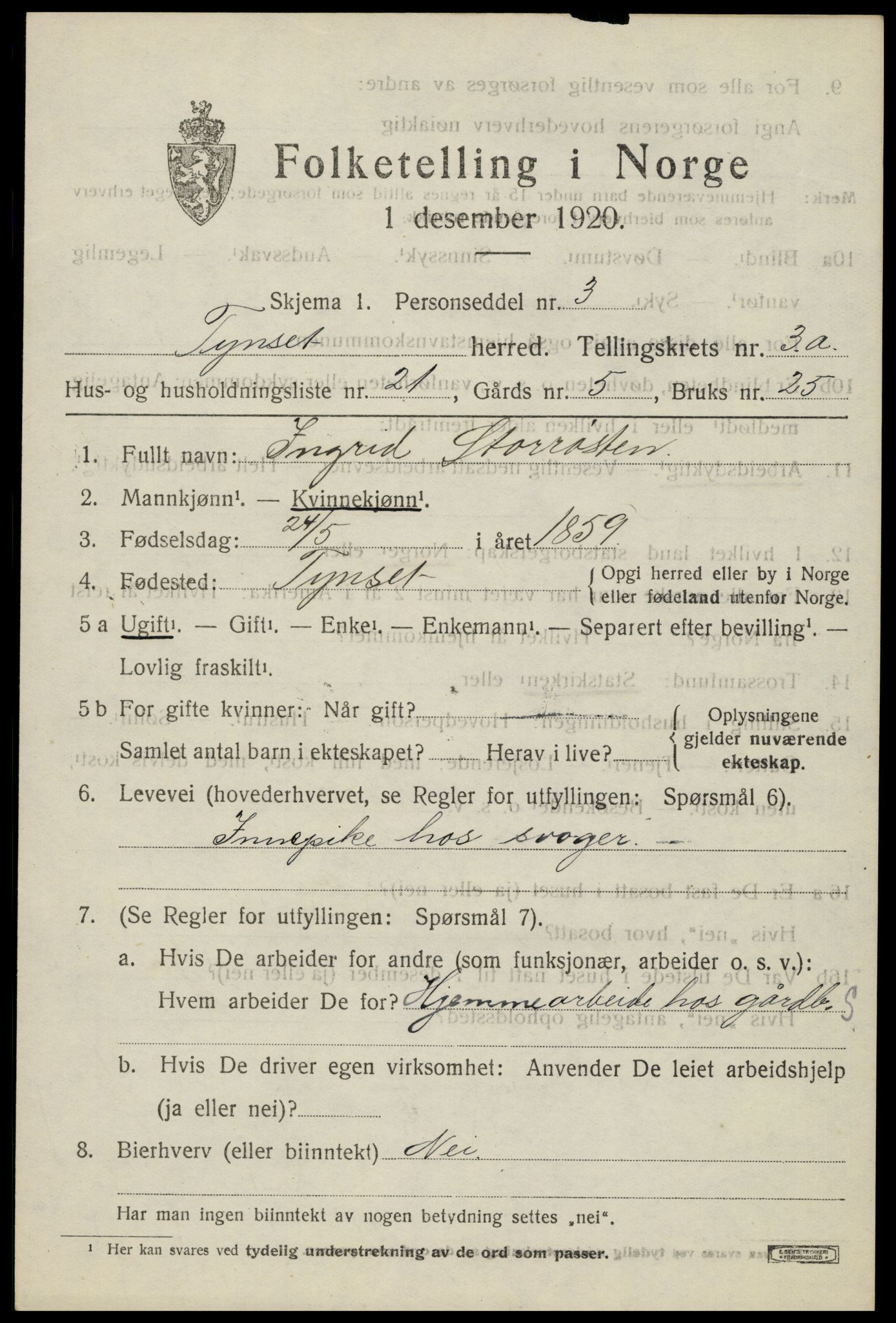 SAH, 1920 census for Tynset, 1920, p. 3132