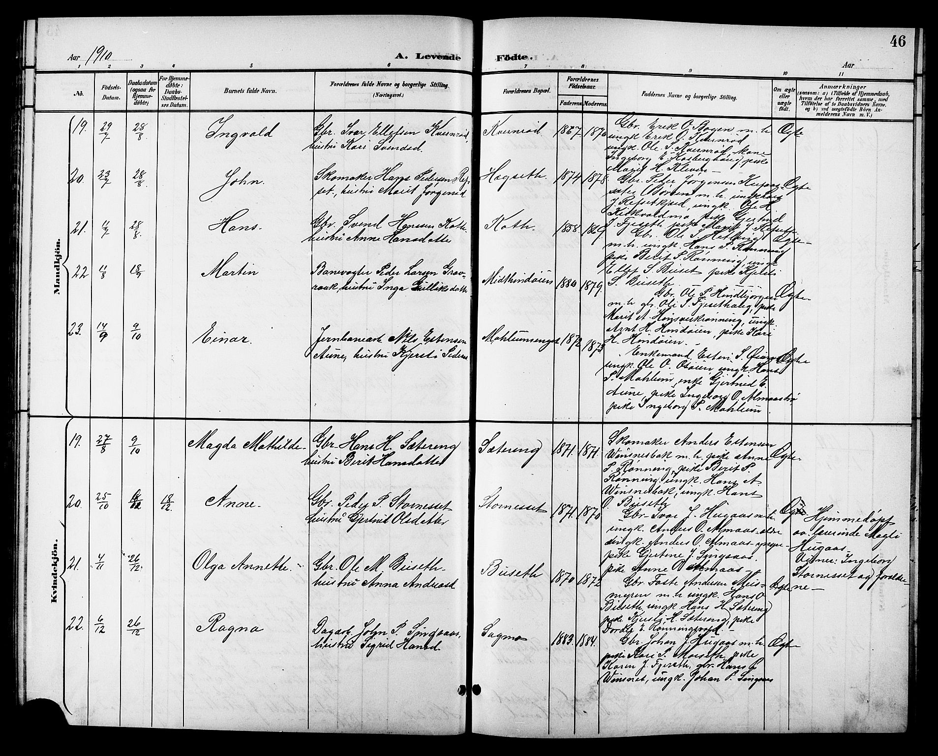 Ministerialprotokoller, klokkerbøker og fødselsregistre - Sør-Trøndelag, SAT/A-1456/688/L1029: Parish register (copy) no. 688C04, 1899-1915, p. 46