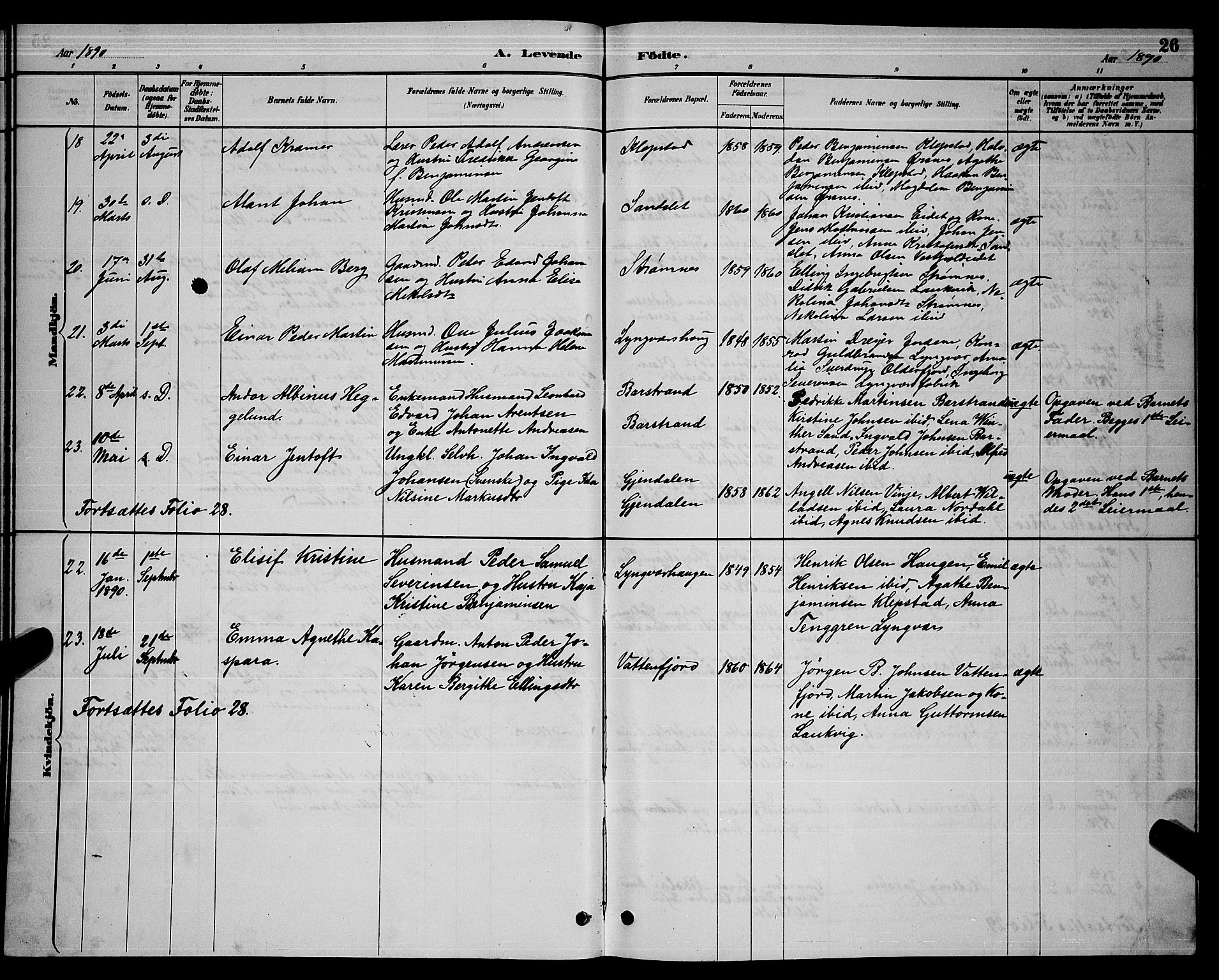 Ministerialprotokoller, klokkerbøker og fødselsregistre - Nordland, AV/SAT-A-1459/876/L1104: Parish register (copy) no. 876C03, 1886-1896, p. 26