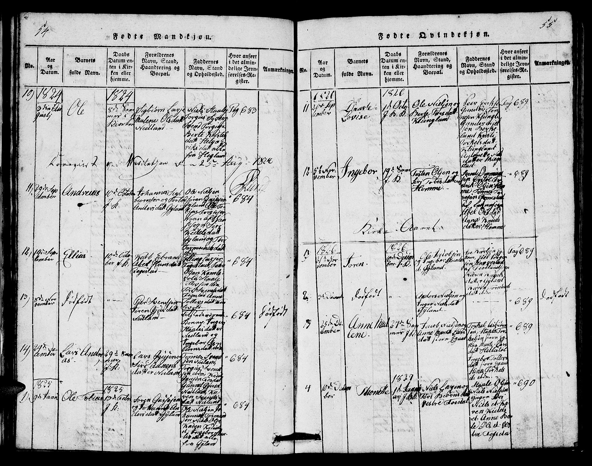 Bakke sokneprestkontor, AV/SAK-1111-0002/F/Fb/Fbb/L0001: Parish register (copy) no. B 1, 1815-1835, p. 54-55