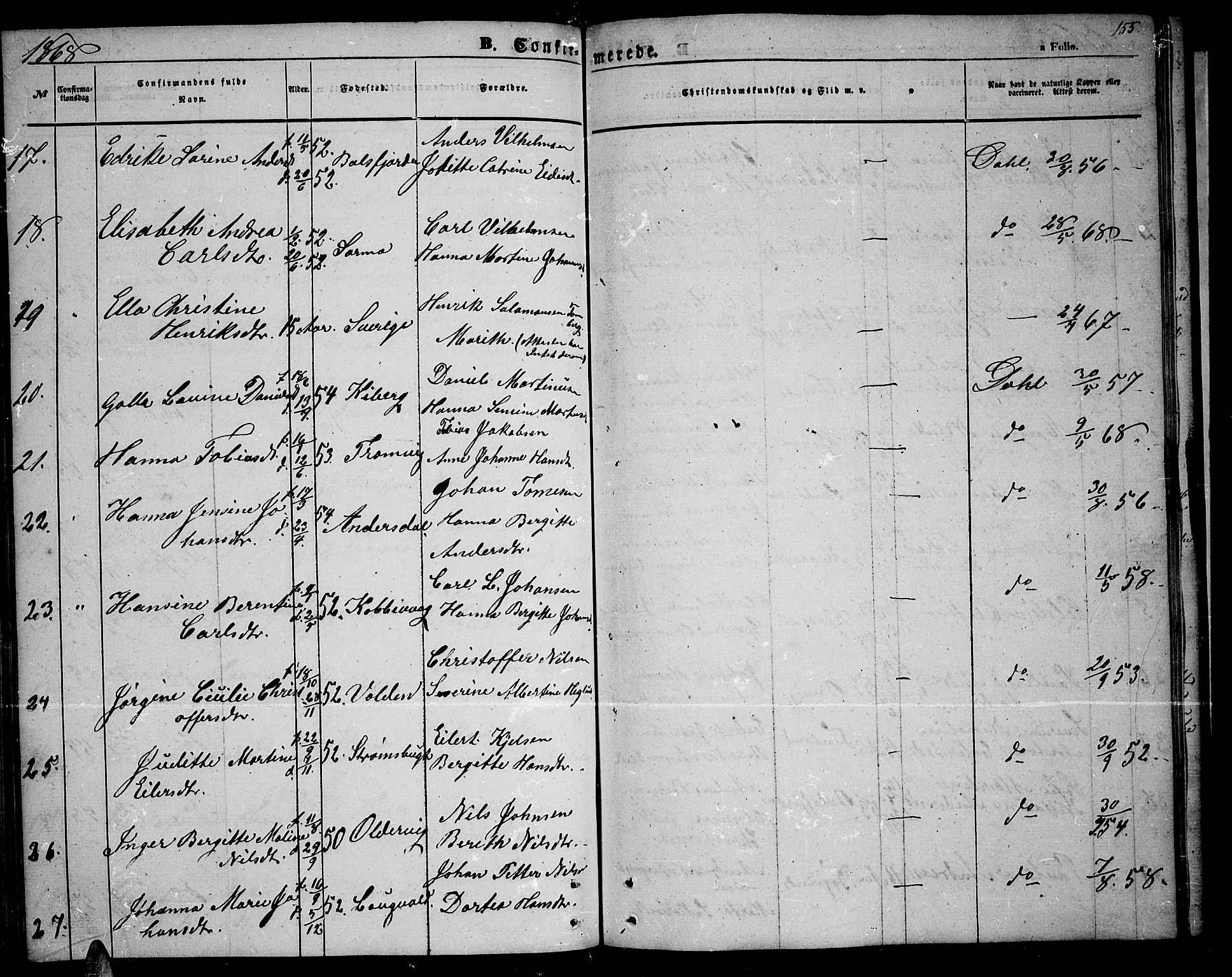 Tromsøysund sokneprestkontor, AV/SATØ-S-1304/G/Gb/L0001klokker: Parish register (copy) no. 1, 1857-1869, p. 155