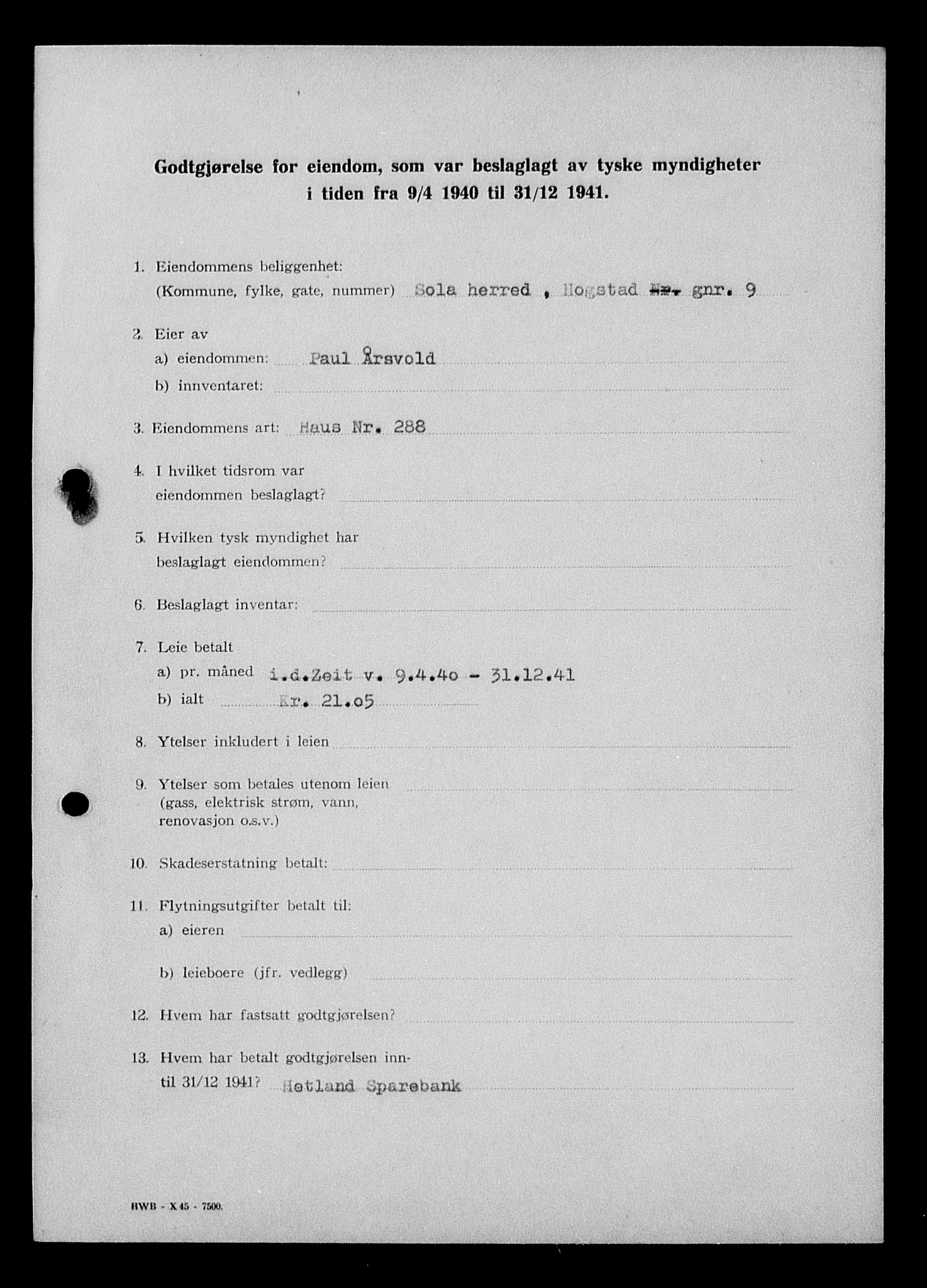 Justisdepartementet, Tilbakeføringskontoret for inndratte formuer, AV/RA-S-1564/I/L1015: Godtgjørelse for beslaglagt eiendom, 1940-1941, p. 429