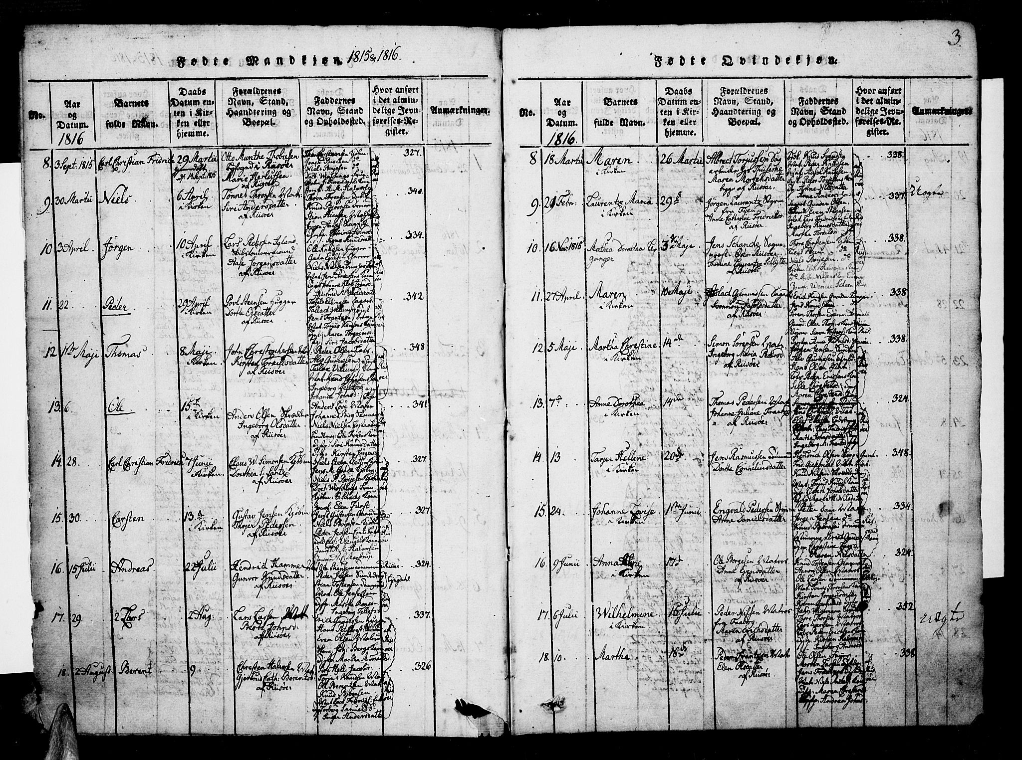 Risør sokneprestkontor, SAK/1111-0035/F/Fb/L0004: Parish register (copy) no. B 4, 1816-1848, p. 3
