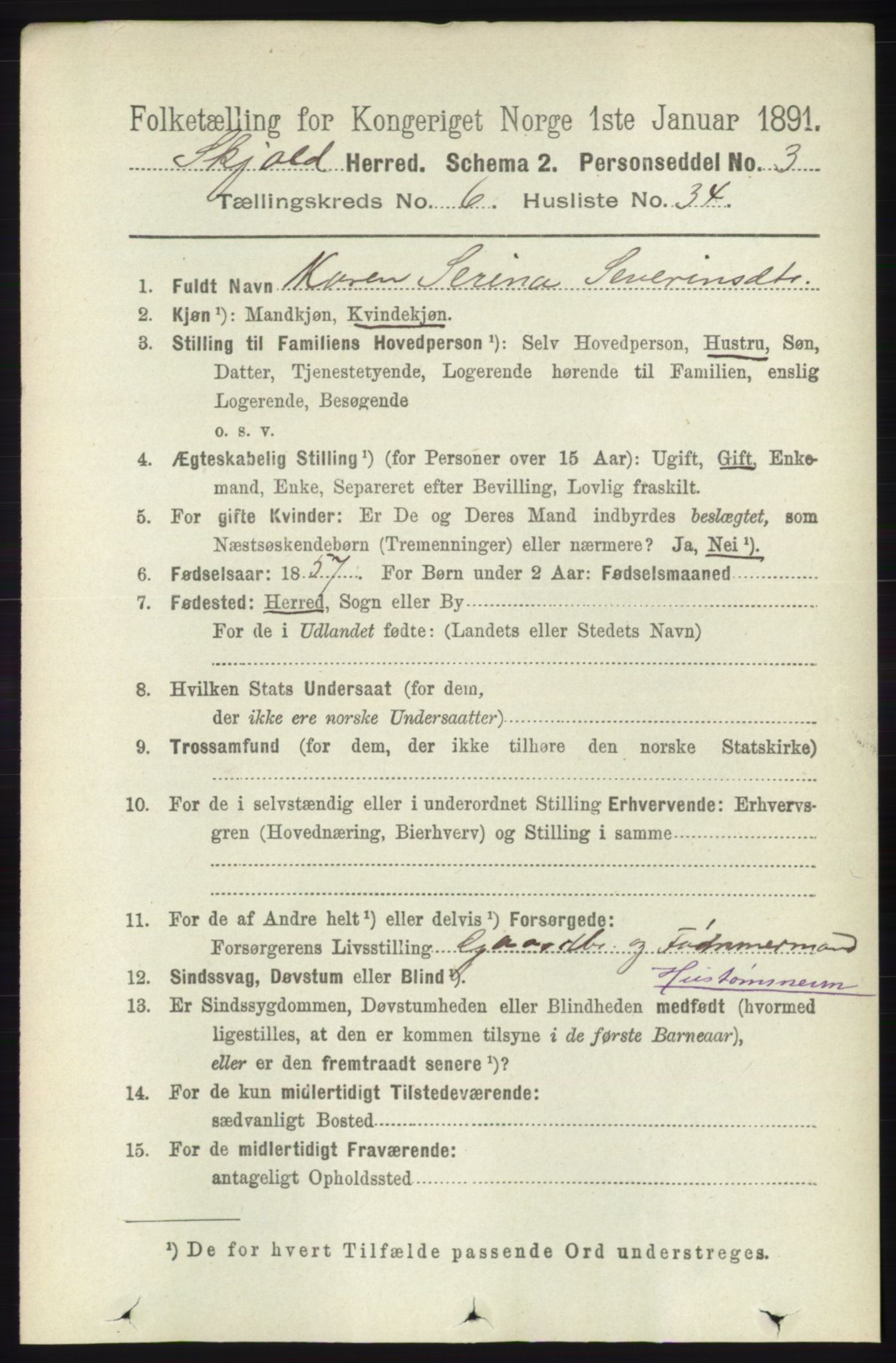 RA, 1891 census for 1154 Skjold, 1891, p. 1187