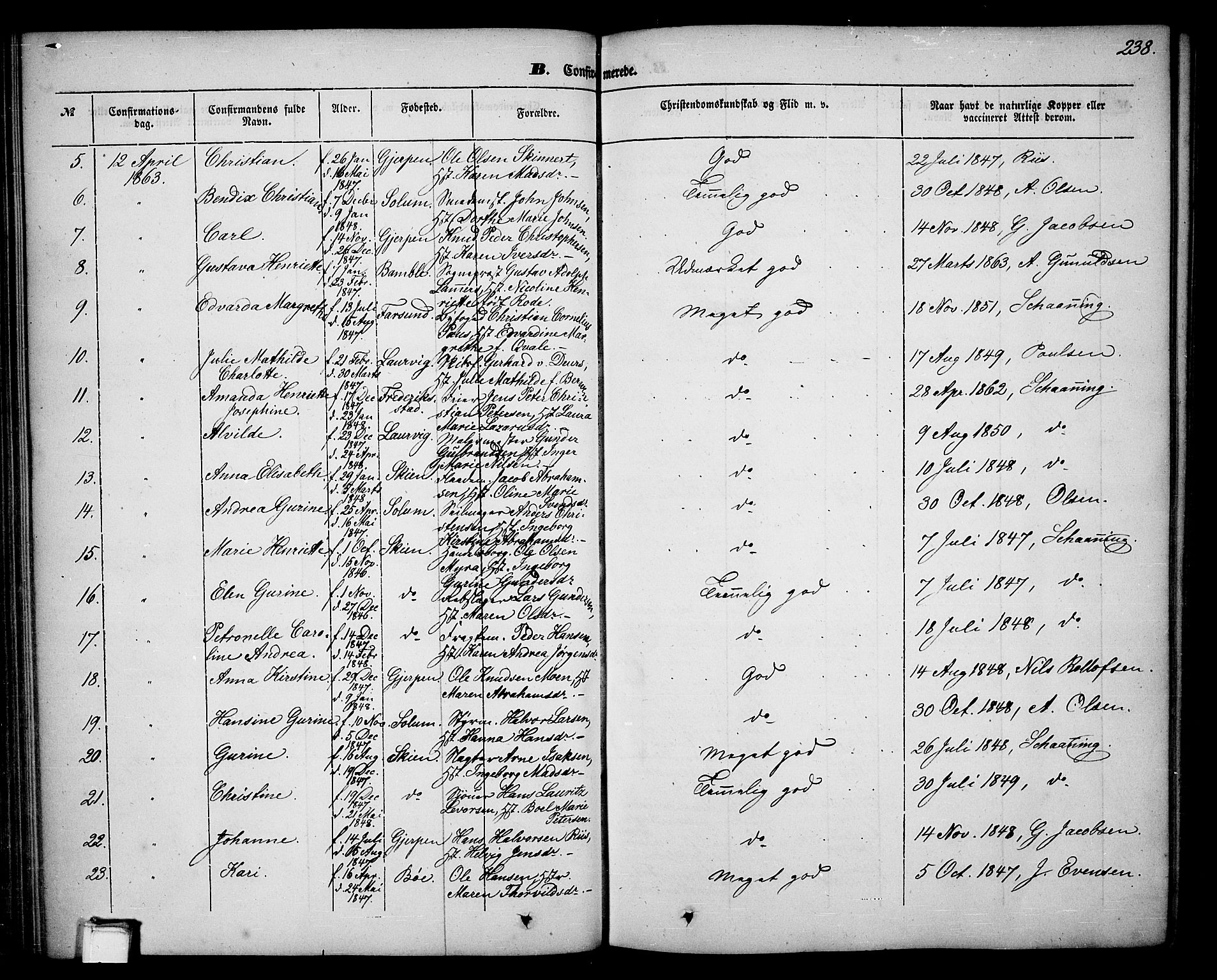 Skien kirkebøker, SAKO/A-302/G/Ga/L0004: Parish register (copy) no. 4, 1843-1867, p. 238