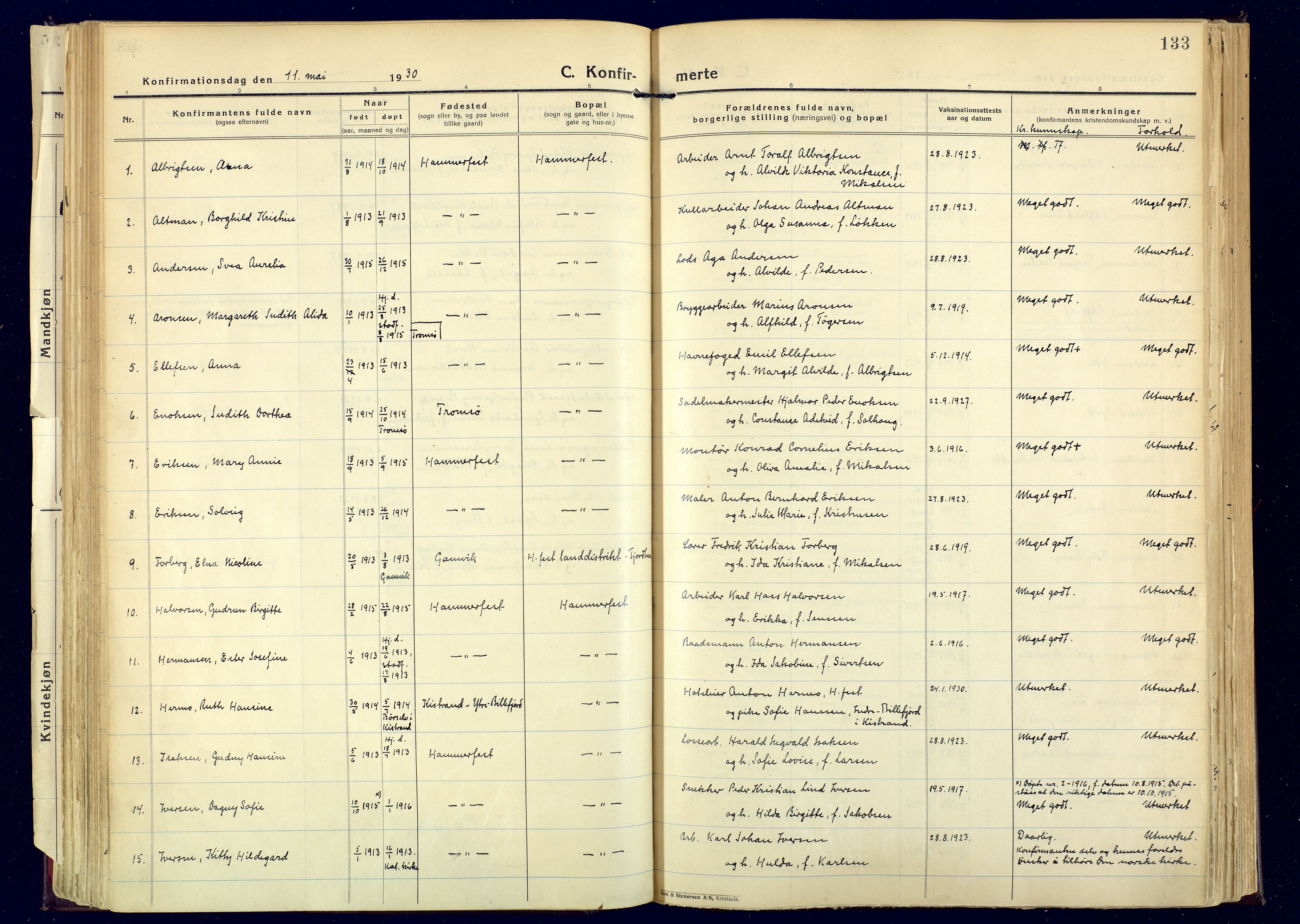 Hammerfest sokneprestkontor, AV/SATØ-S-1347/H/Ha/L0017.kirke: Parish register (official) no. 17, 1923-1933, p. 133