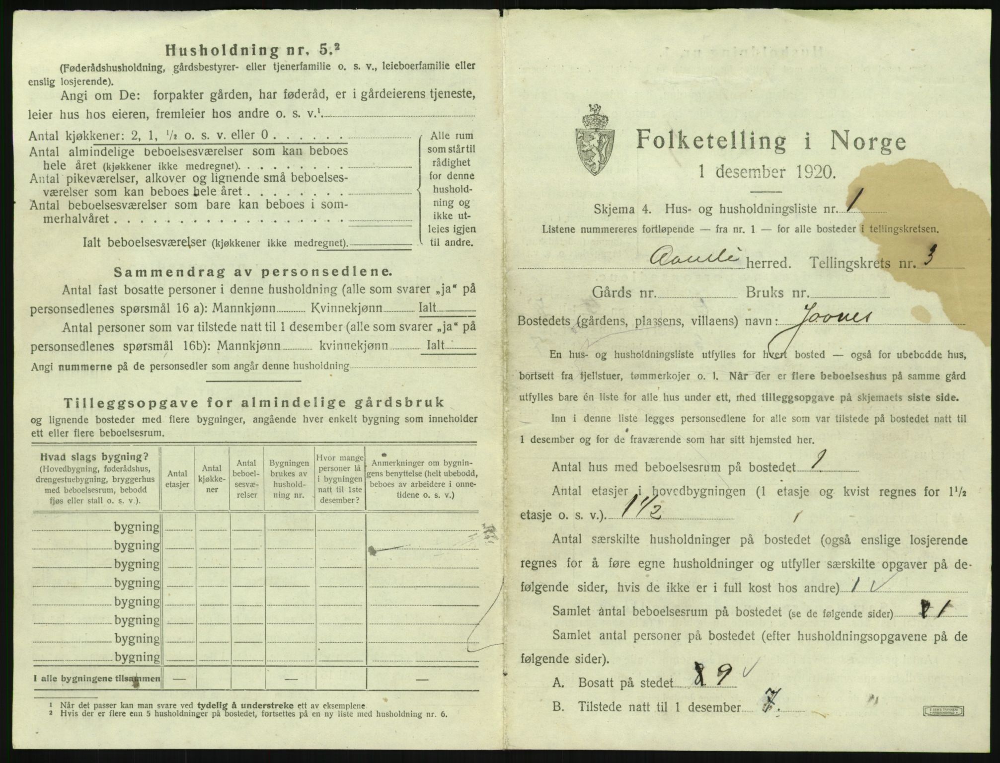 SAK, 1920 census for Åmli, 1920, p. 139