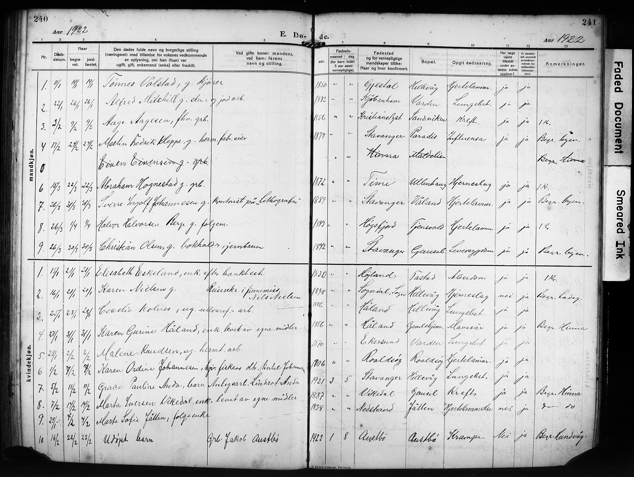 Hetland sokneprestkontor, SAST/A-101826/30/30BB/L0009: Parish register (copy) no. B 9, 1910-1931, p. 240-241