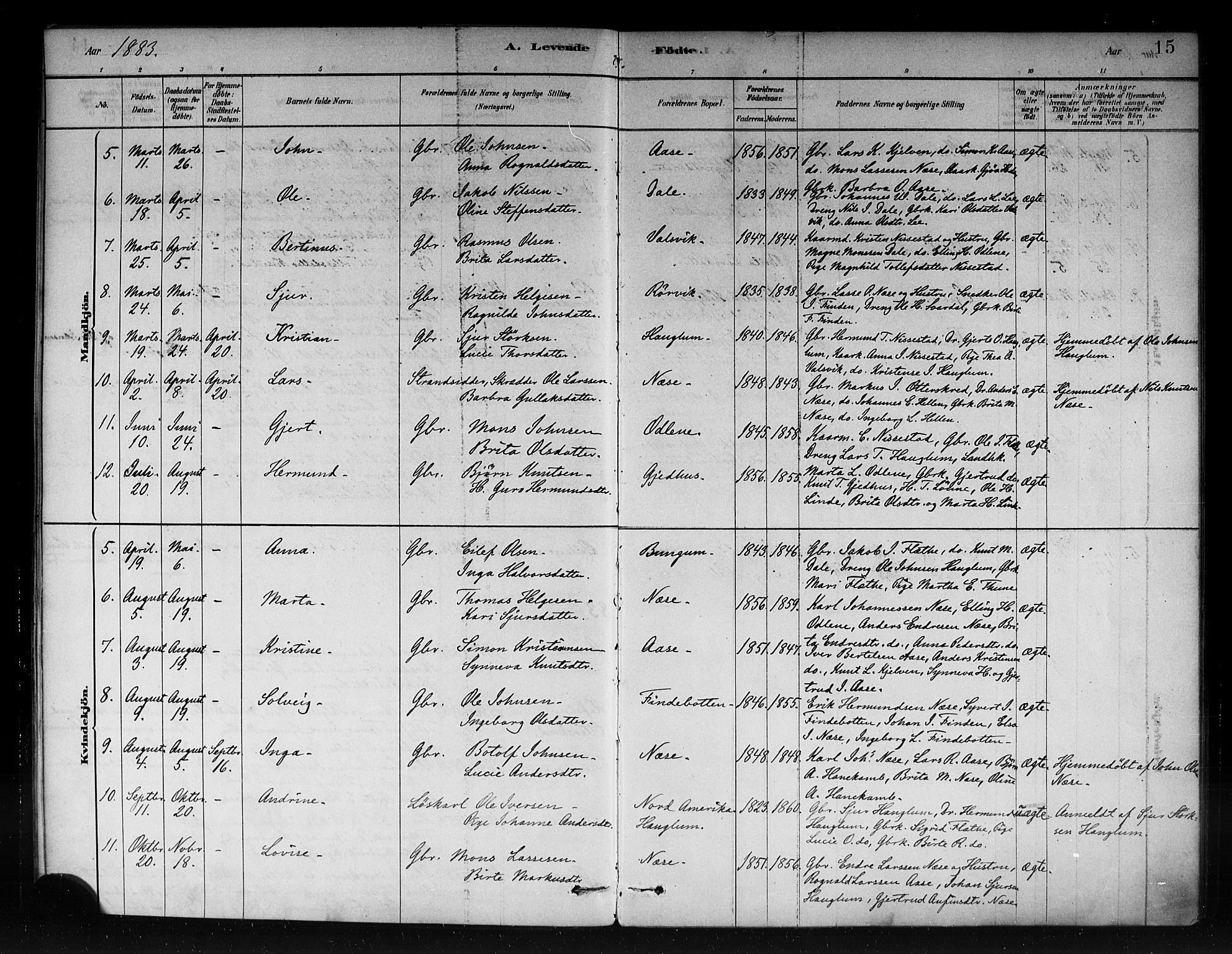 Vik sokneprestembete, SAB/A-81501: Parish register (official) no. C 1, 1878-1890, p. 15