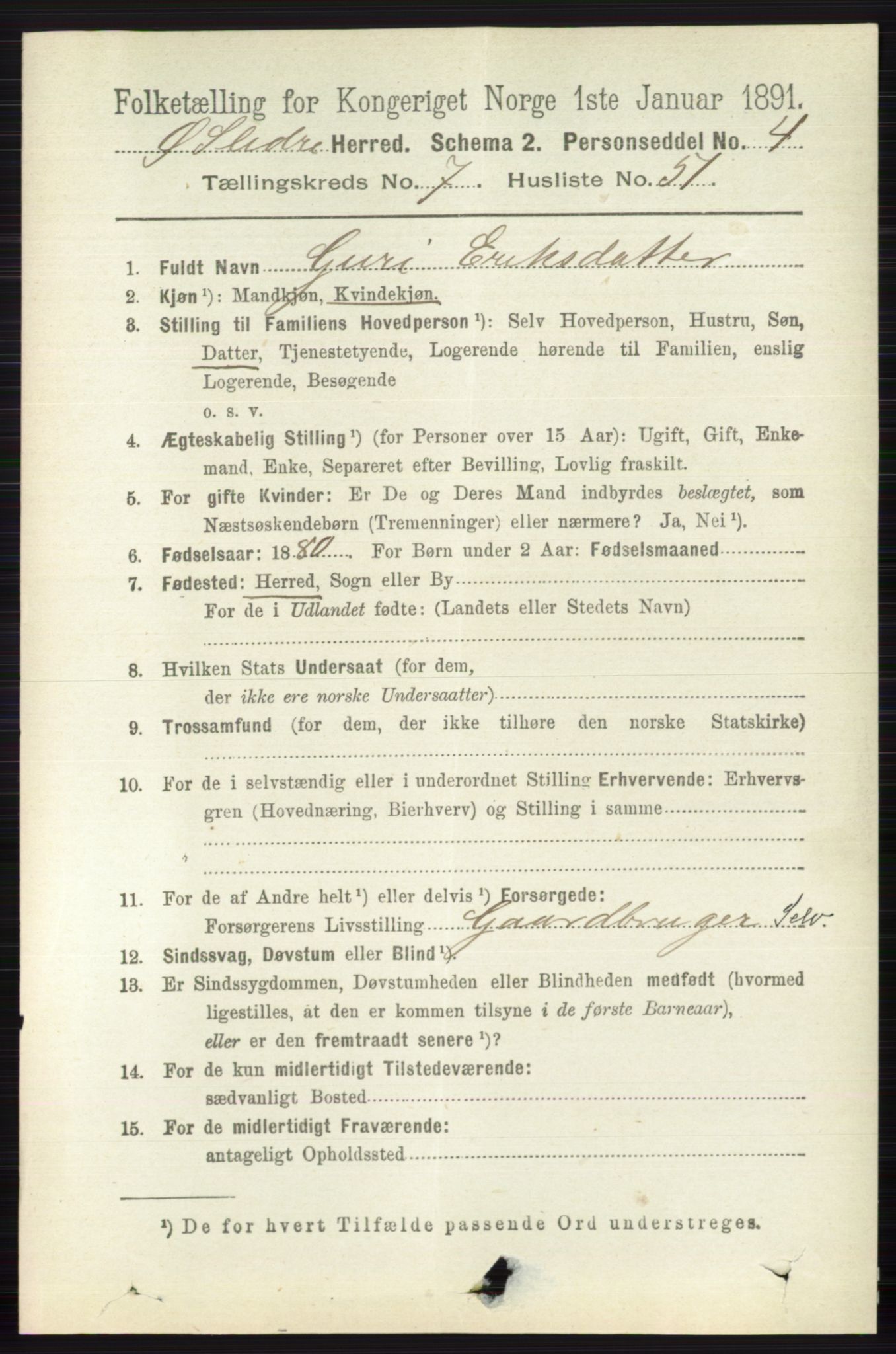 RA, 1891 census for 0544 Øystre Slidre, 1891, p. 2459