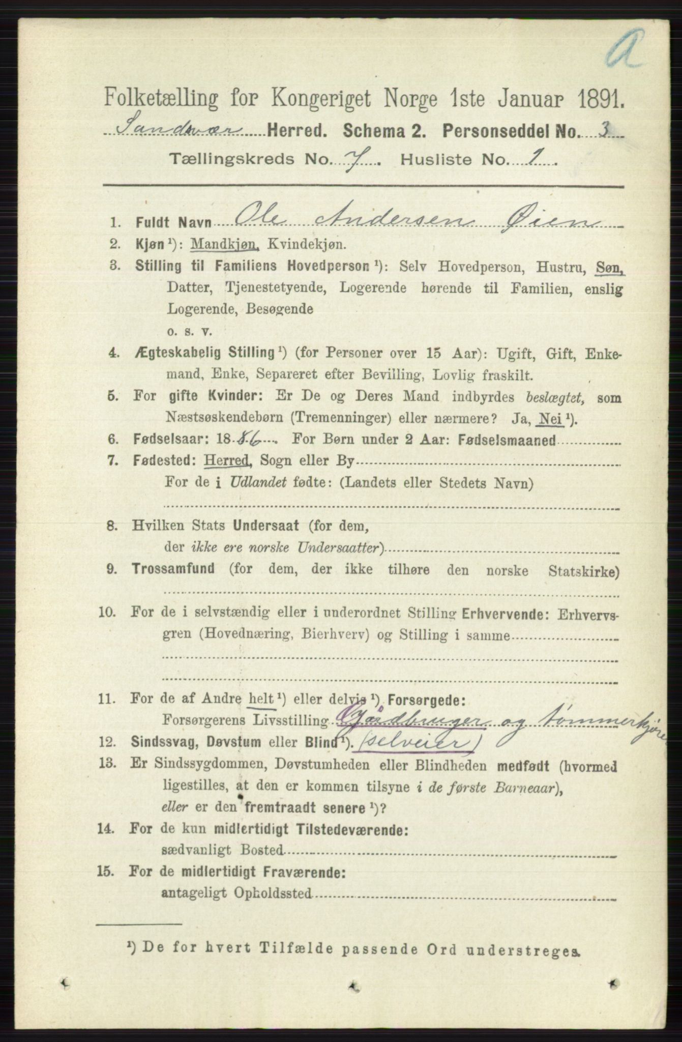 RA, 1891 census for 0629 Sandsvær, 1891, p. 3985