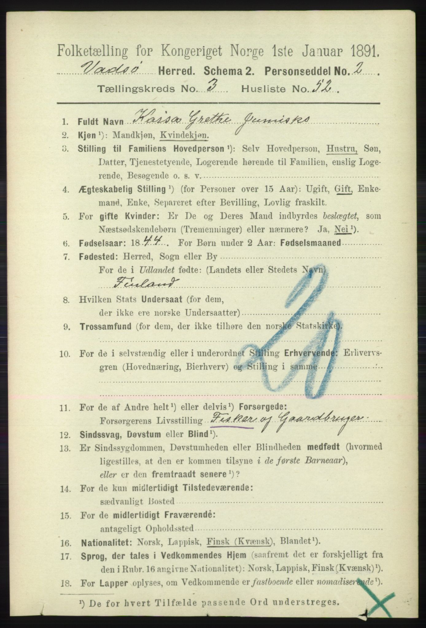 RA, 1891 census for 2029 Vadsø, 1891, p. 1135