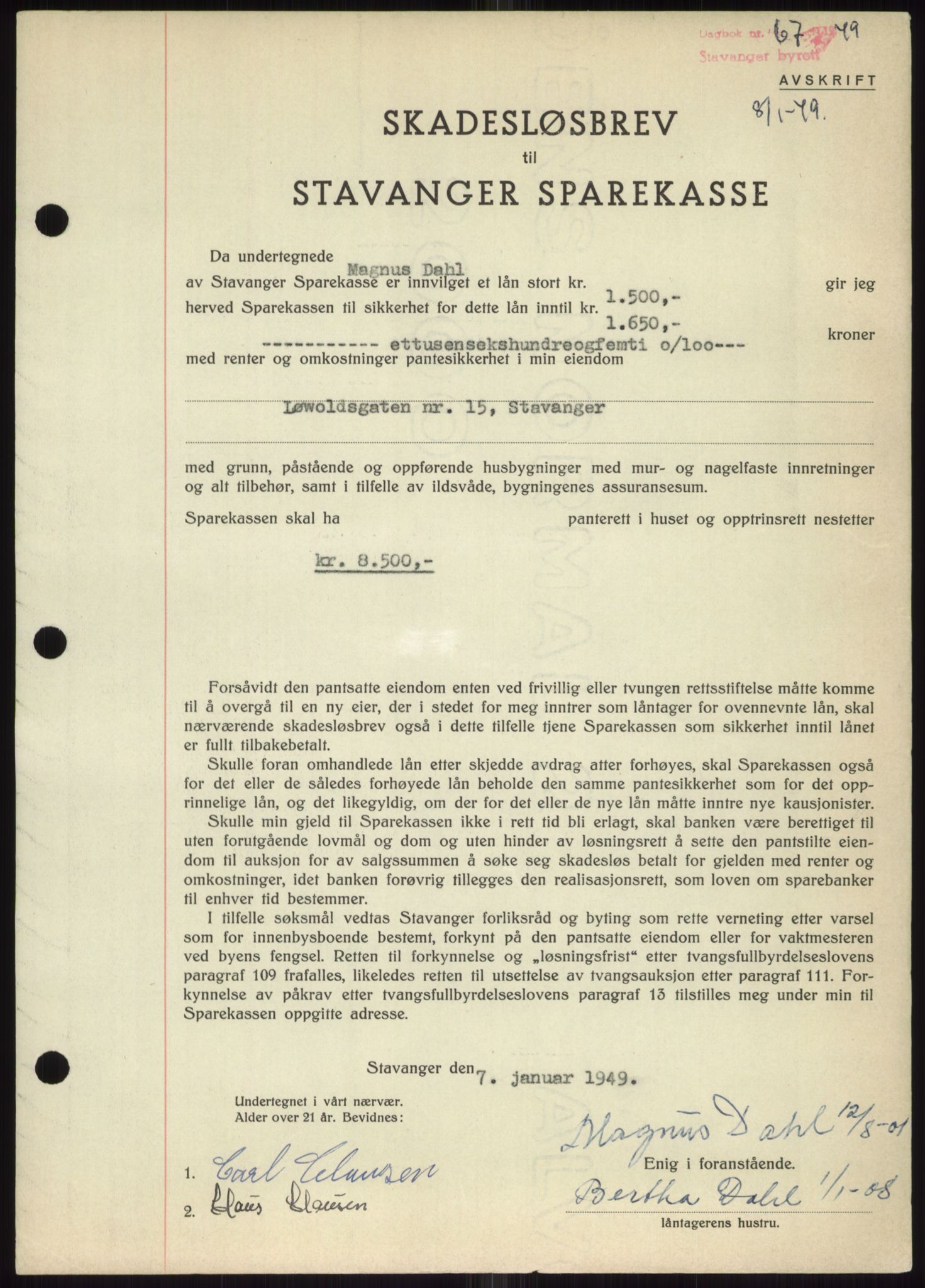 Stavanger byrett, SAST/A-100455/002/G/Gb/L0032: Mortgage book, 1947-1950, Diary no: : 67/1949
