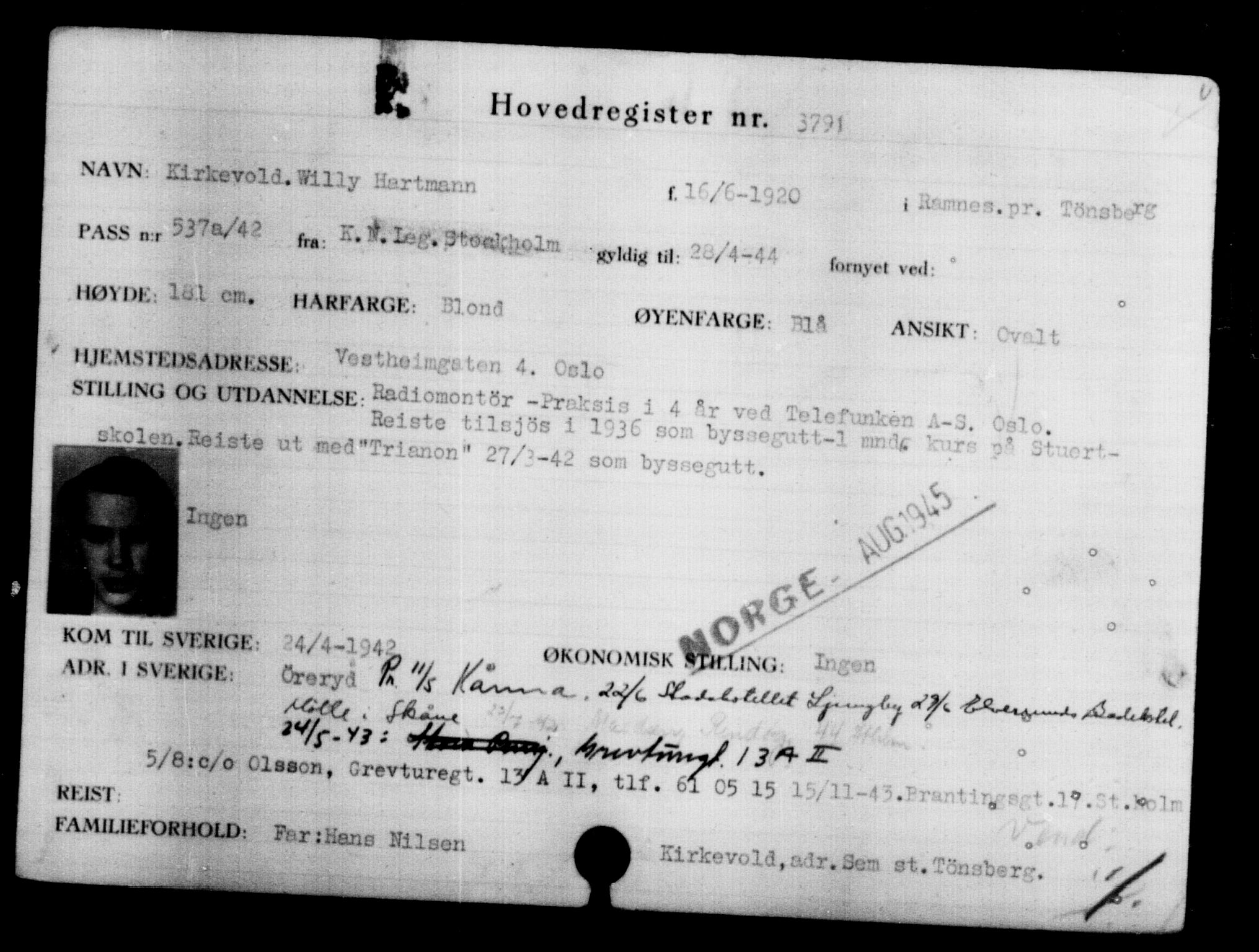 Utenriksstasjonene, Legasjonen i Stockholm, Flyktningkontoret, AV/RA-S-6753/V/Va/L0004: Kjesäterkartoteket, flyktninger med registreringsnr. 3496-6610, 1940-1945, p. 340