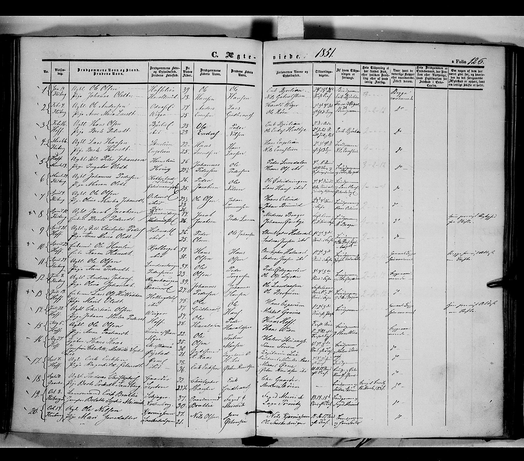 Land prestekontor, SAH/PREST-120/H/Ha/Haa/L0009: Parish register (official) no. 9, 1847-1859, p. 126