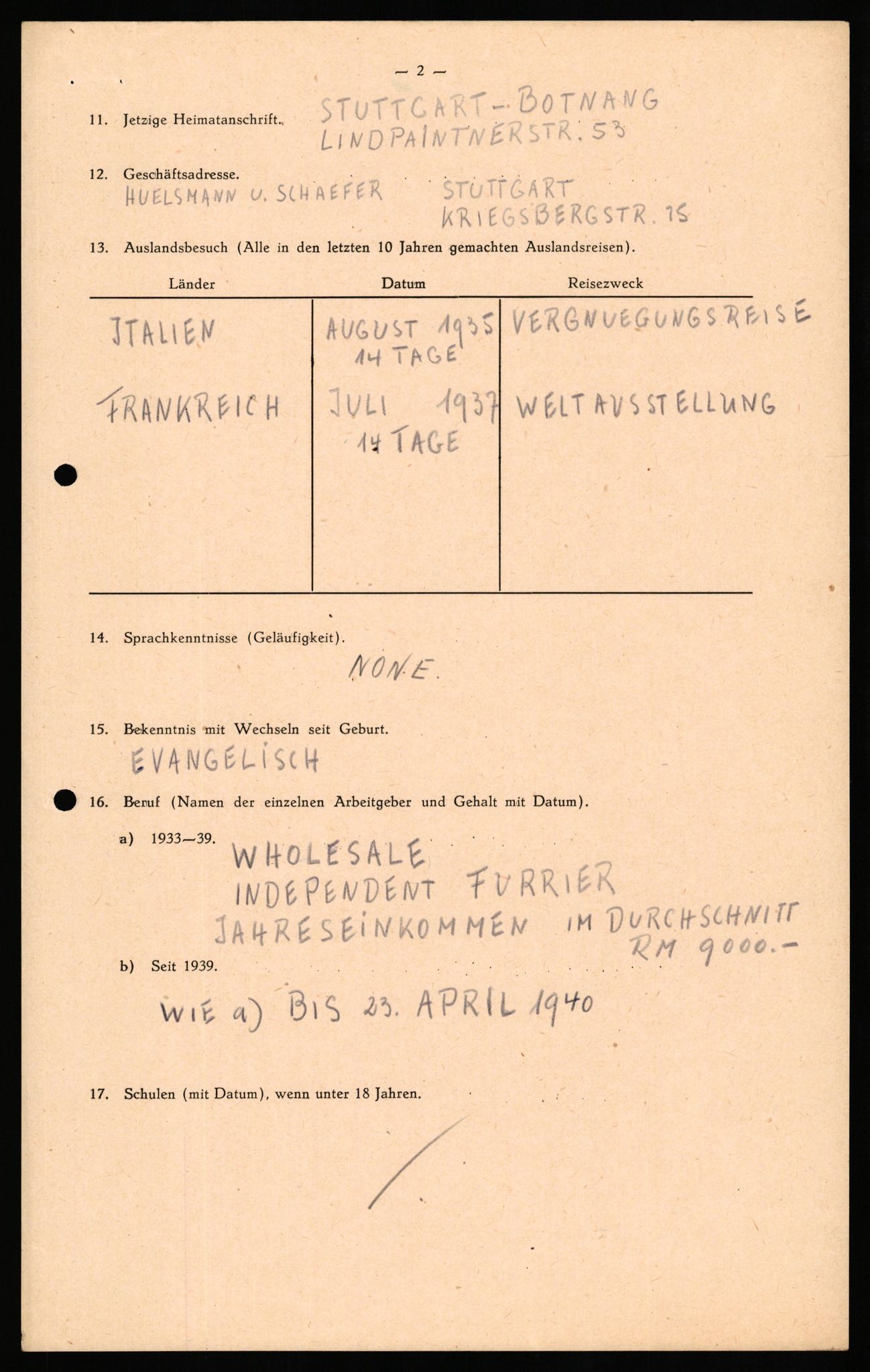 Forsvaret, Forsvarets overkommando II, RA/RAFA-3915/D/Db/L0029: CI Questionaires. Tyske okkupasjonsstyrker i Norge. Tyskere., 1945-1946, p. 18