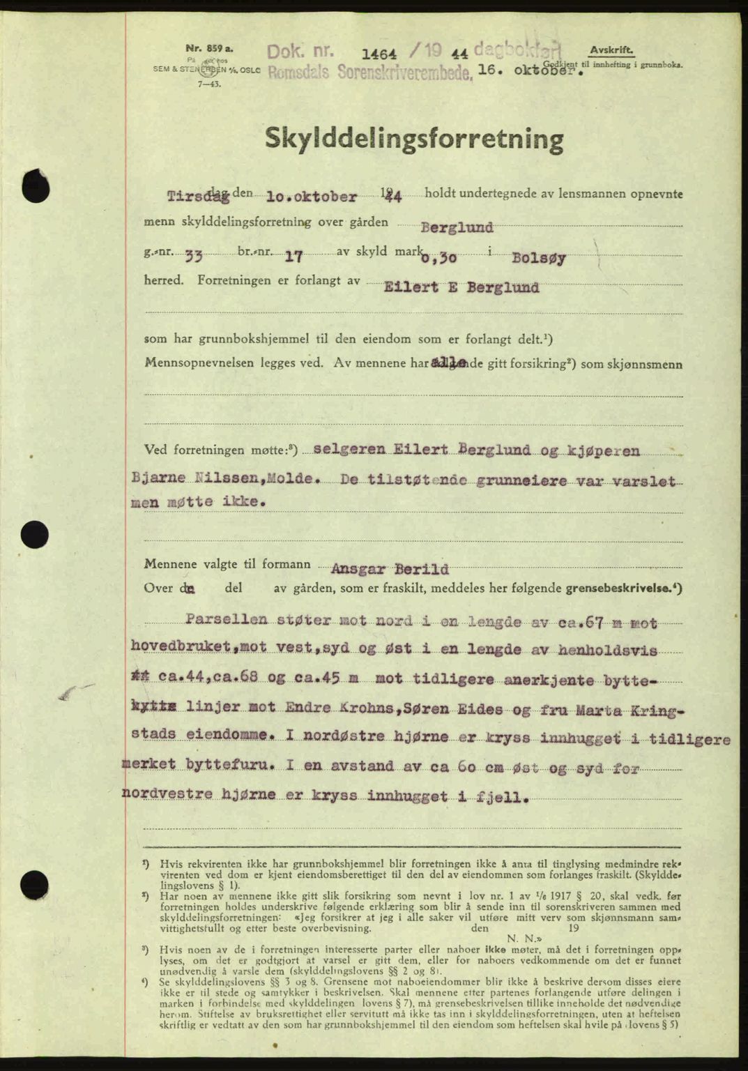 Romsdal sorenskriveri, AV/SAT-A-4149/1/2/2C: Mortgage book no. A17, 1944-1945, Diary no: : 1464/1944