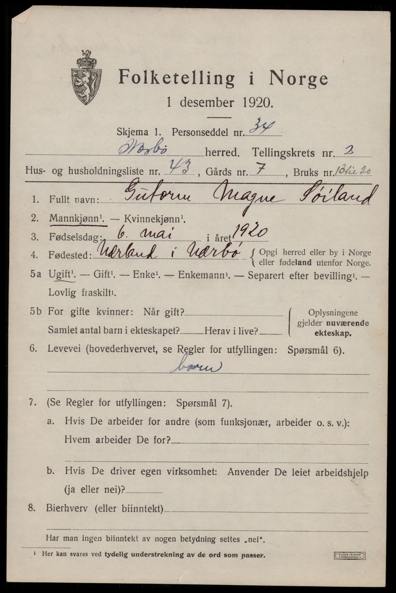 SAST, 1920 census for Nærbø, 1920, p. 2091