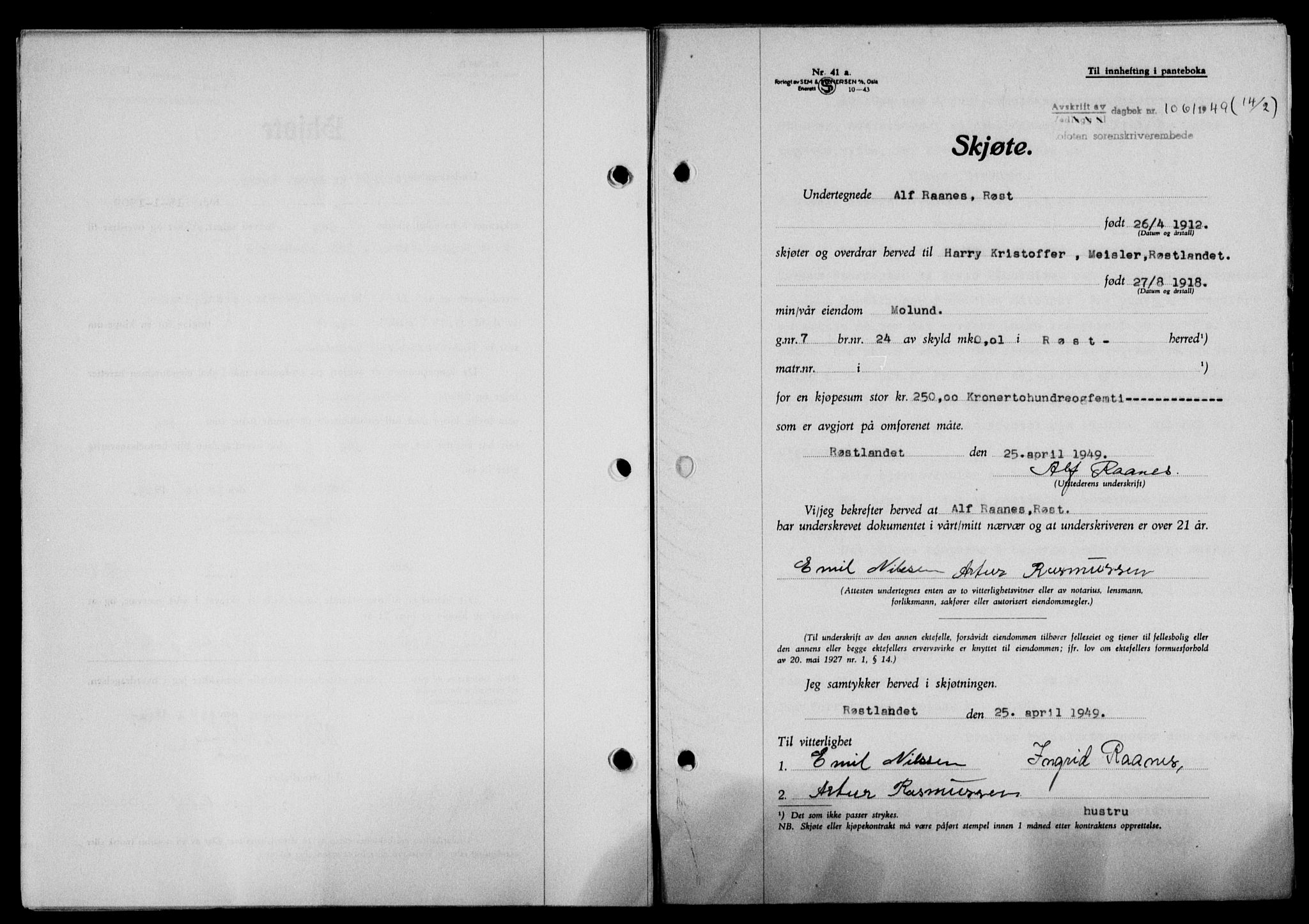 Lofoten sorenskriveri, SAT/A-0017/1/2/2C/L0020a: Mortgage book no. 20a, 1948-1949, Diary no: : 1061/1949